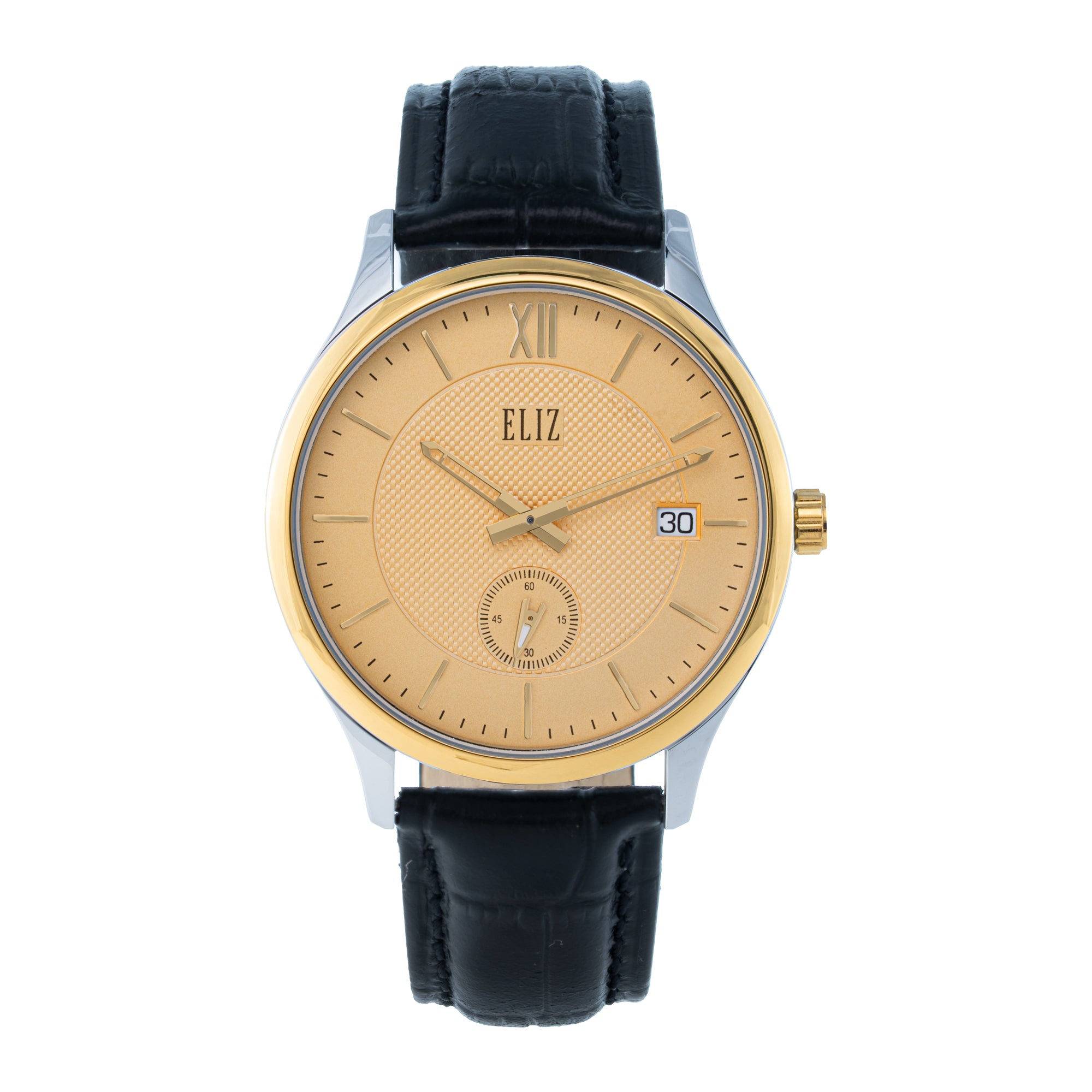 ELIZ ES8921G1TCN – ELIZ Classique Men's Watch – 42mm TT PVD Gold Case – Gold Dial – Quartz Movement – Black Leather Strap