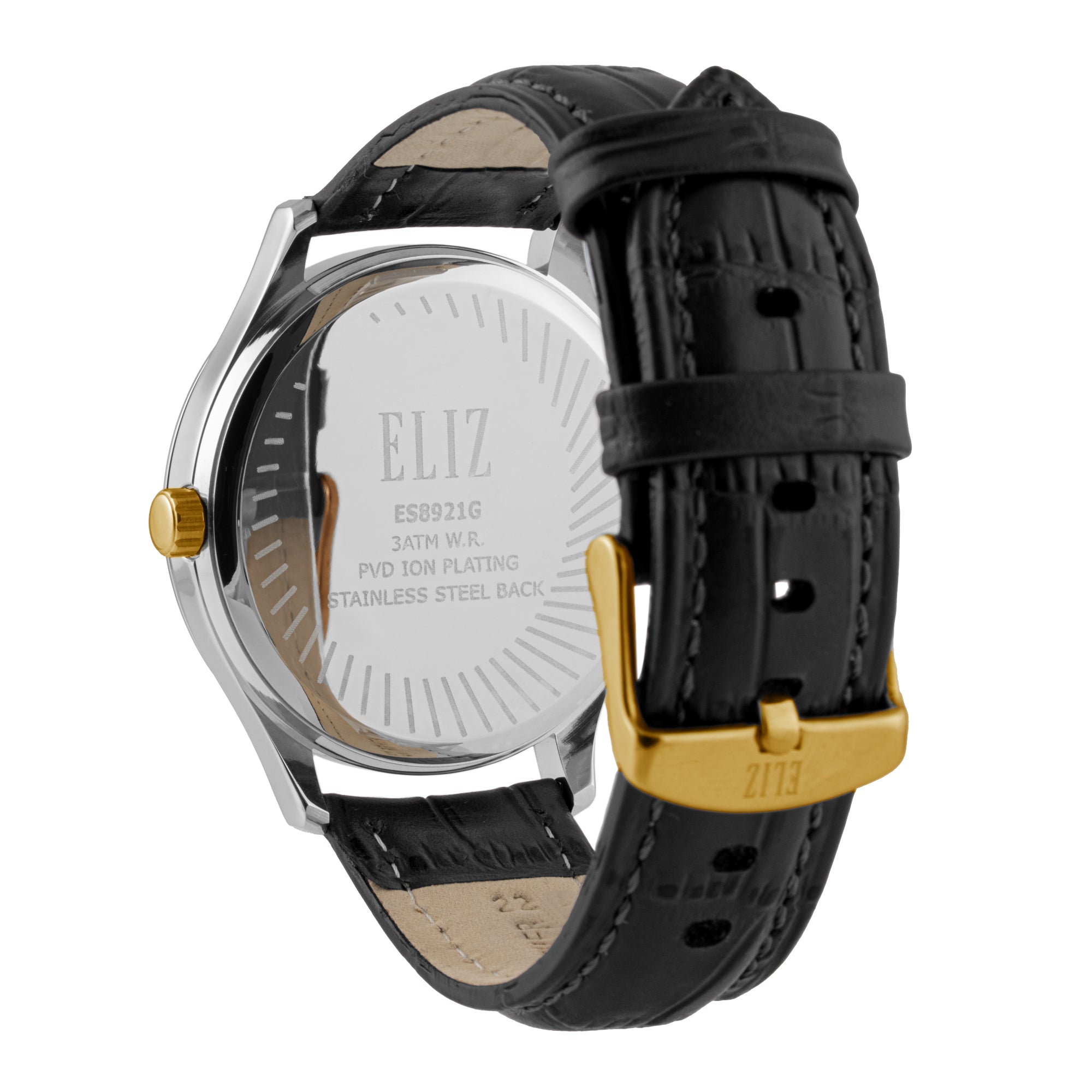 ELIZ ES8921G1TCN – ELIZ Classique Men's Watch – 42mm TT PVD Gold Case – Gold Dial – Quartz Movement – Black Leather Strap