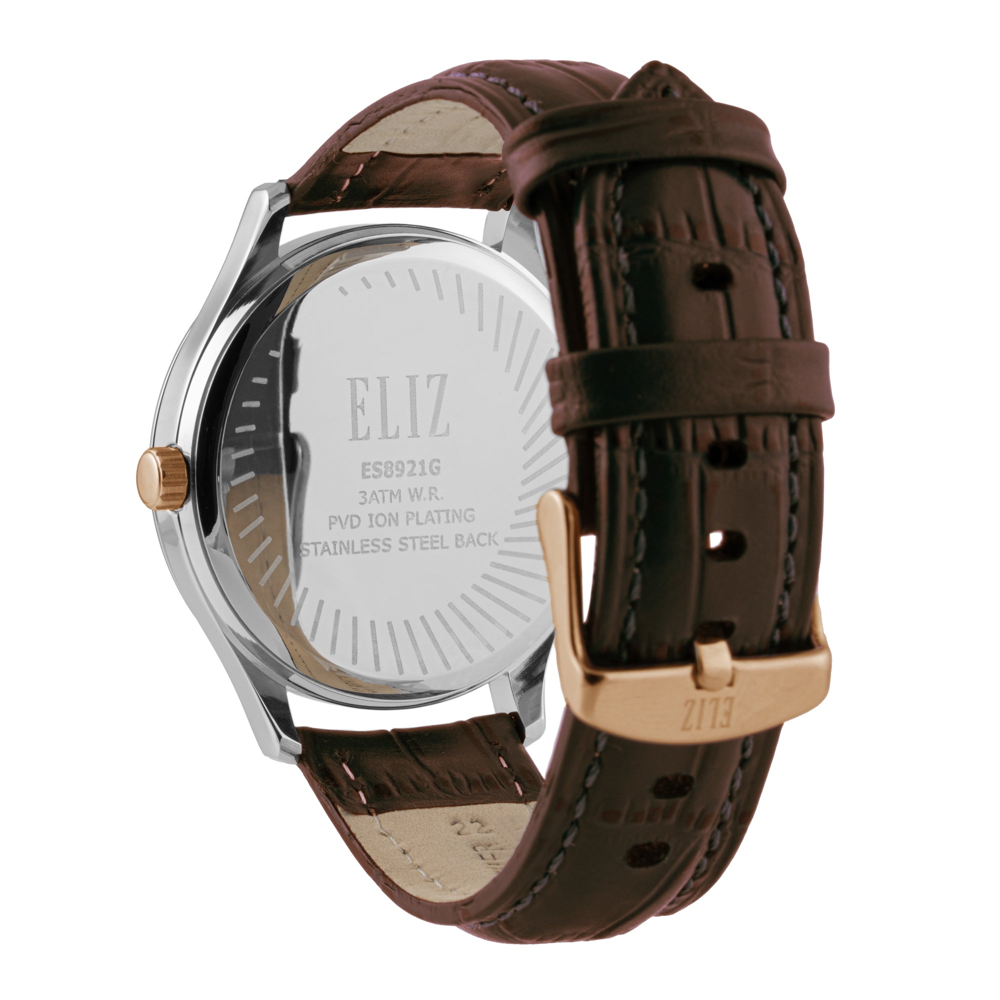 ELIZ ES8921G1USO – ELIZ Classique Men's Watch – 42mm TT PVD Rose Gold Case – Silver Dial – Quartz Movement – Brown Leather Strap