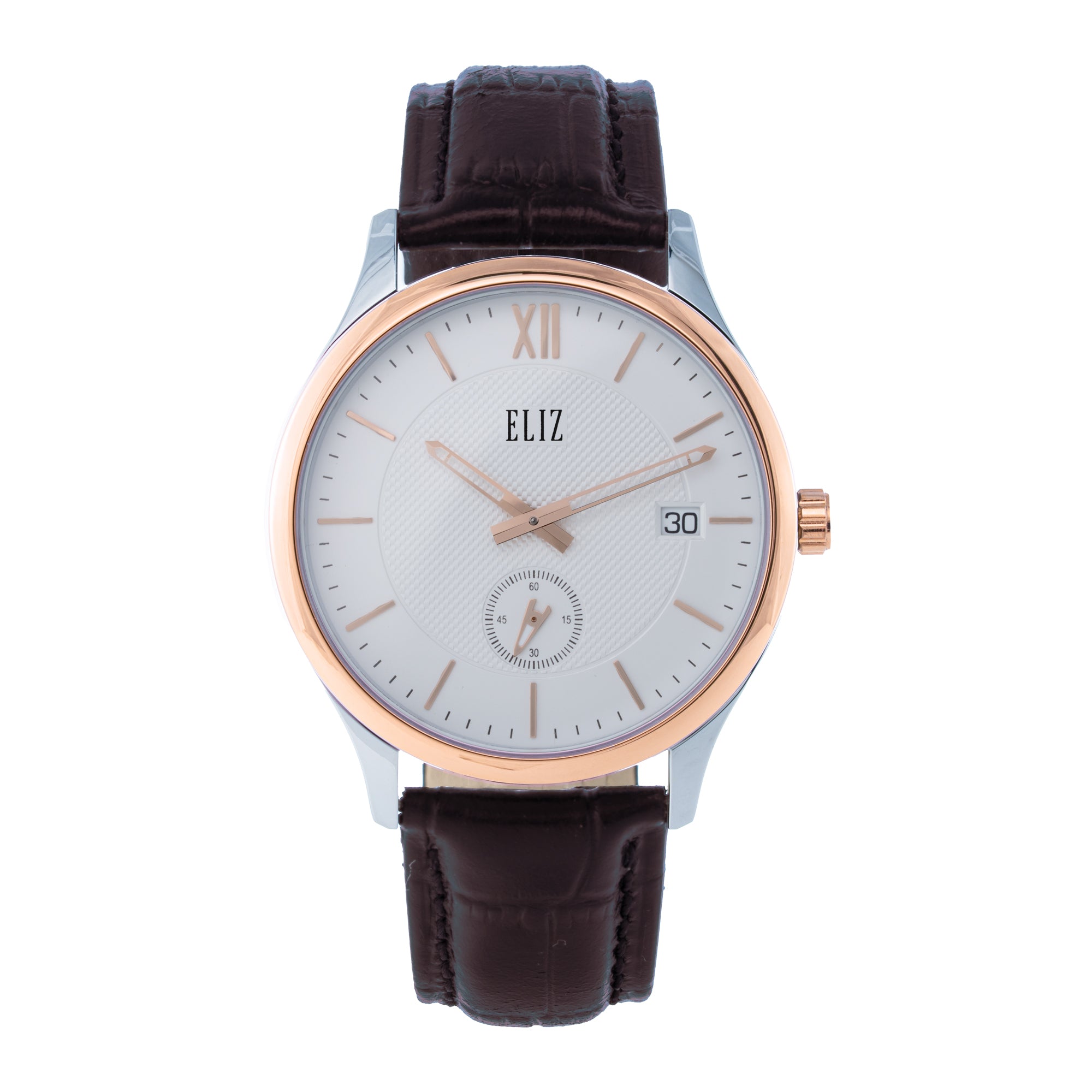 ELIZ ES8921G1USO – ELIZ Classique Men's Watch – 42mm TT PVD Rose Gold Case – Silver Dial – Quartz Movement – Brown Leather Strap