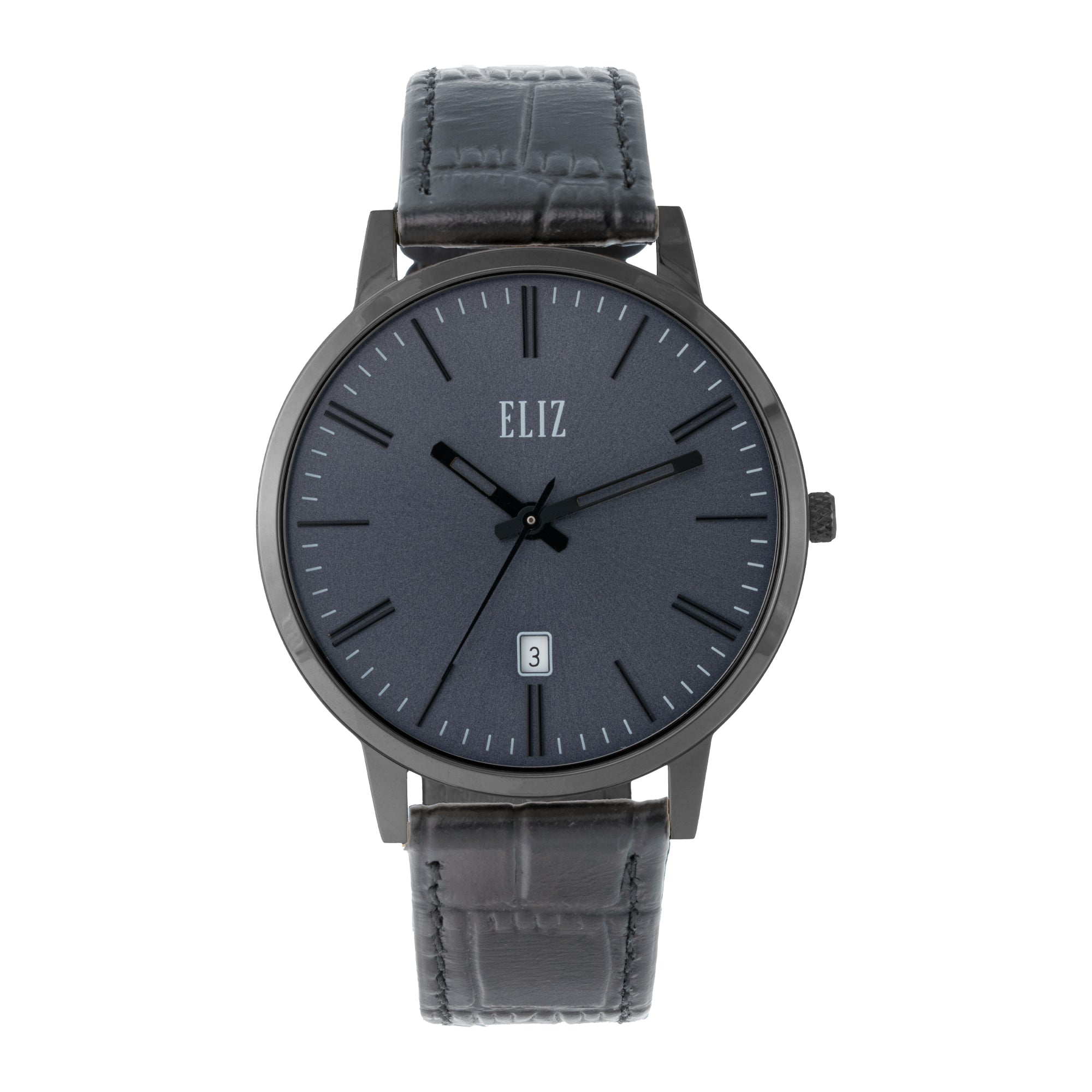 ELIZ ES8922G1AGG – ELIZ Classique Men's Watch – 42mm PVD Gun Case – Grey Dial – Quartz Movement – Grey Leather Strap