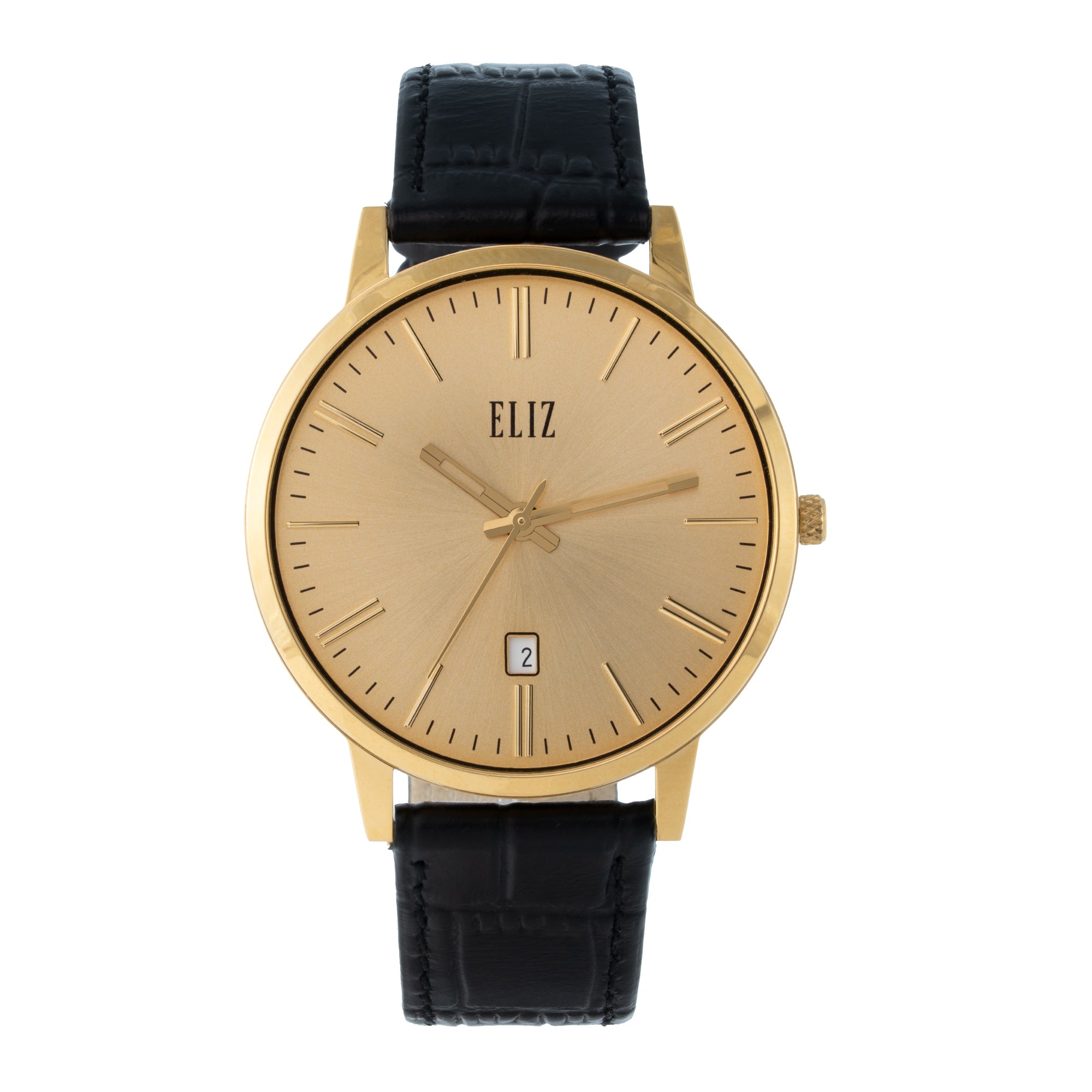 ELIZ ES8922G1GCN – ELIZ Classique Men's Watch – 42mm PVD Gold Case – Gold Dial – Quartz Movement – Black Leather Strap