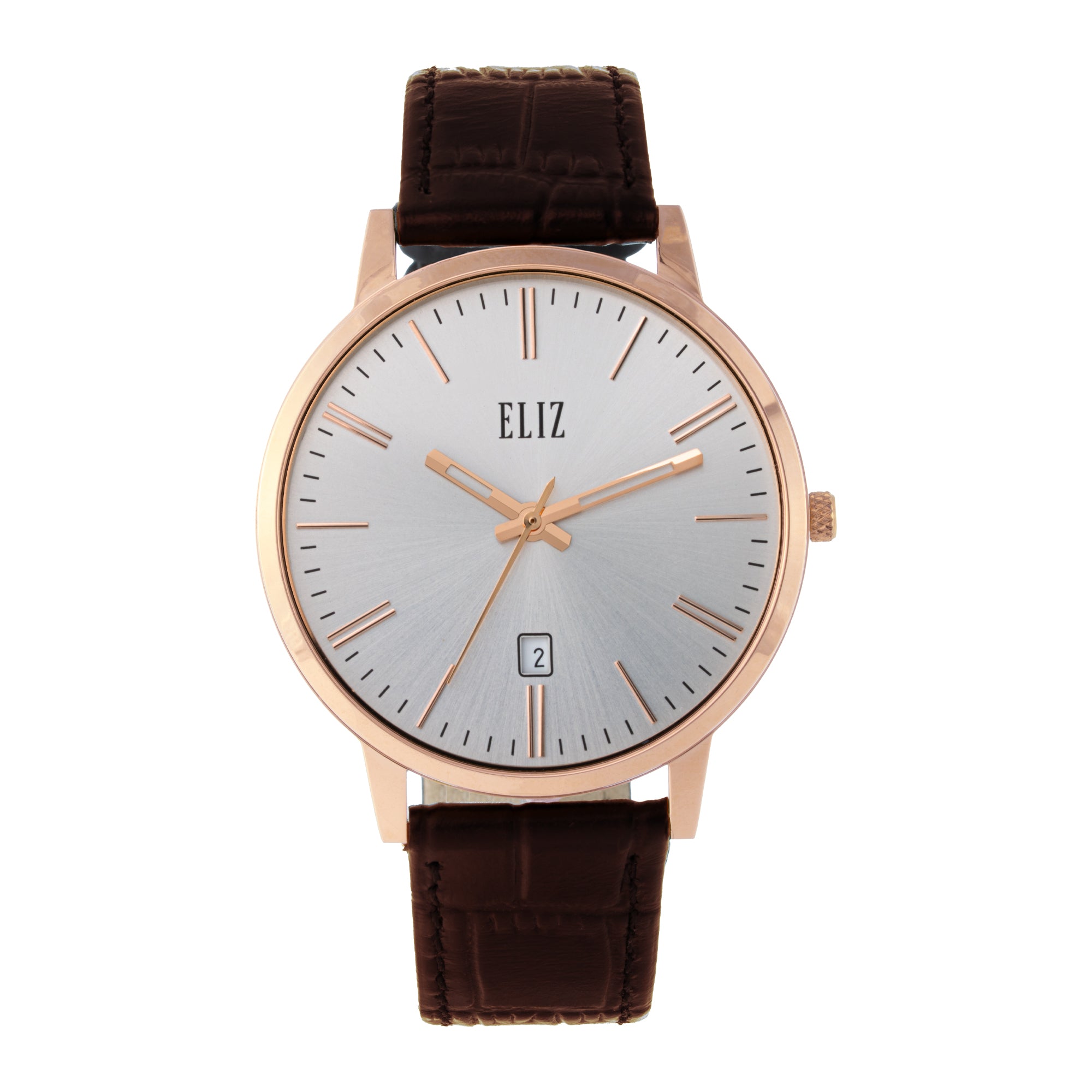 ELIZ ES8922G1RSO – ELIZ Classique Men's Watch – 42mm PVD Rose Gold Case – Silver Dial – Quartz Movement – Brown Leather Strap