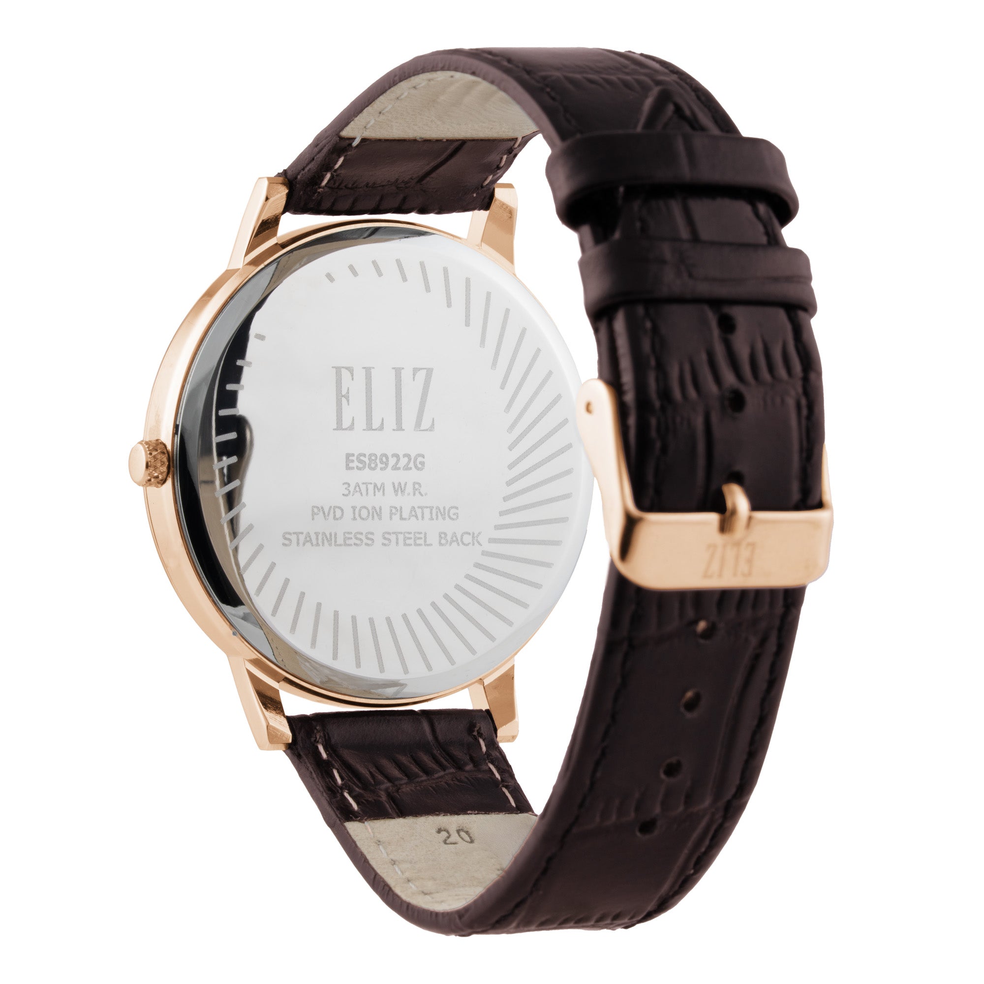 ELIZ ES8922G1RSO SS Caseback & Leather Strap Date Men's Watch