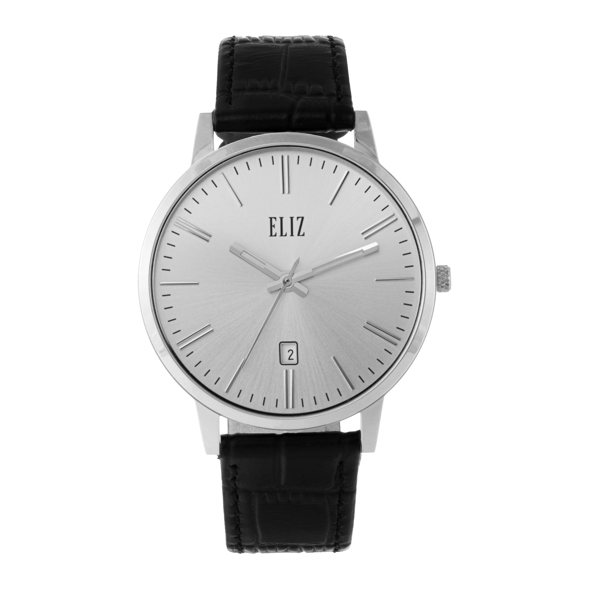 ELIZ ES8922G1SSN – ELIZ Classique Men's Watch – 42mm PVD Silver Case – Silver Dial – Quartz Movement – Black Leather Strap