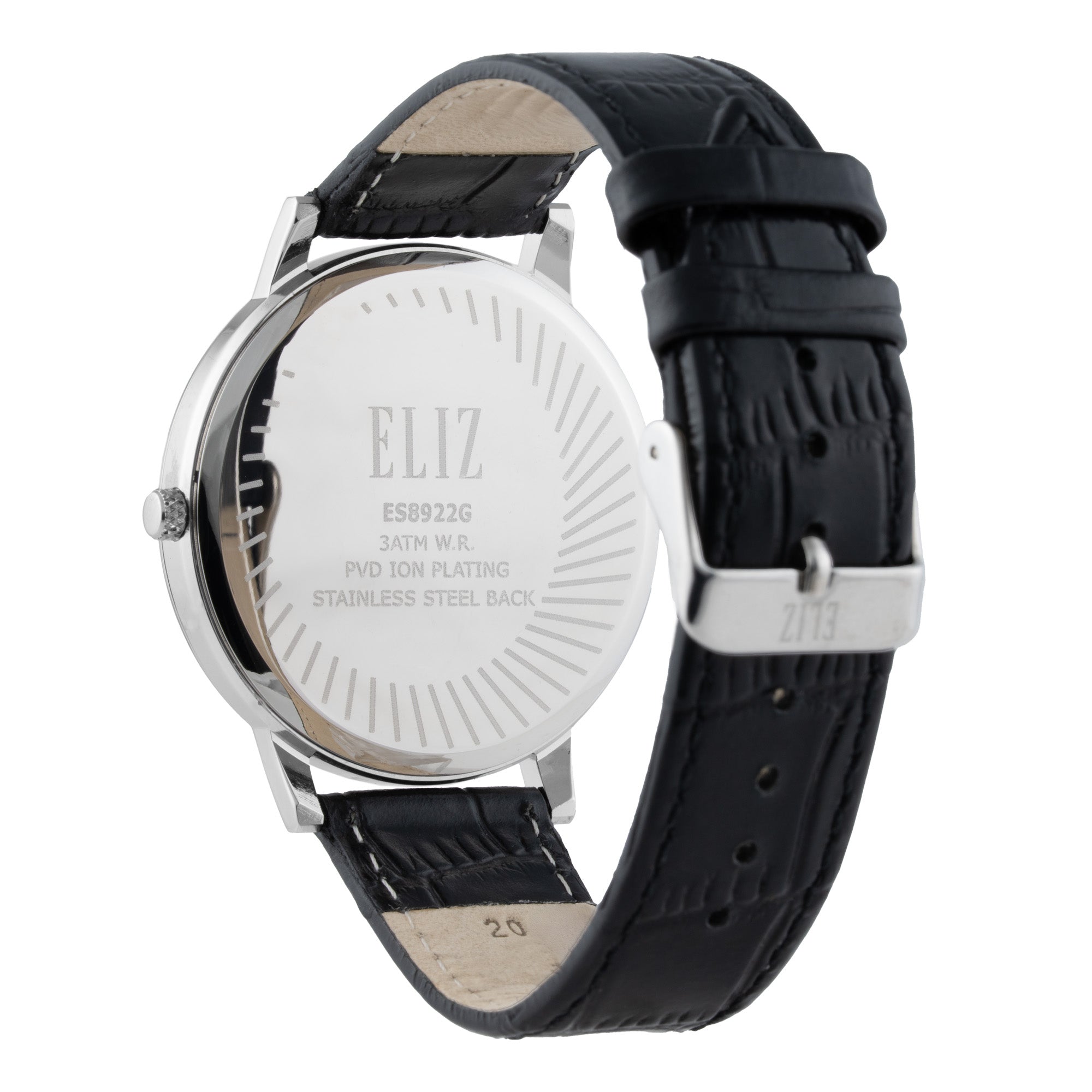 ELIZ ES8922G1SSN – ELIZ Classique Men's Watch – 42mm PVD Silver Case – Silver Dial – Quartz Movement – Black Leather Strap