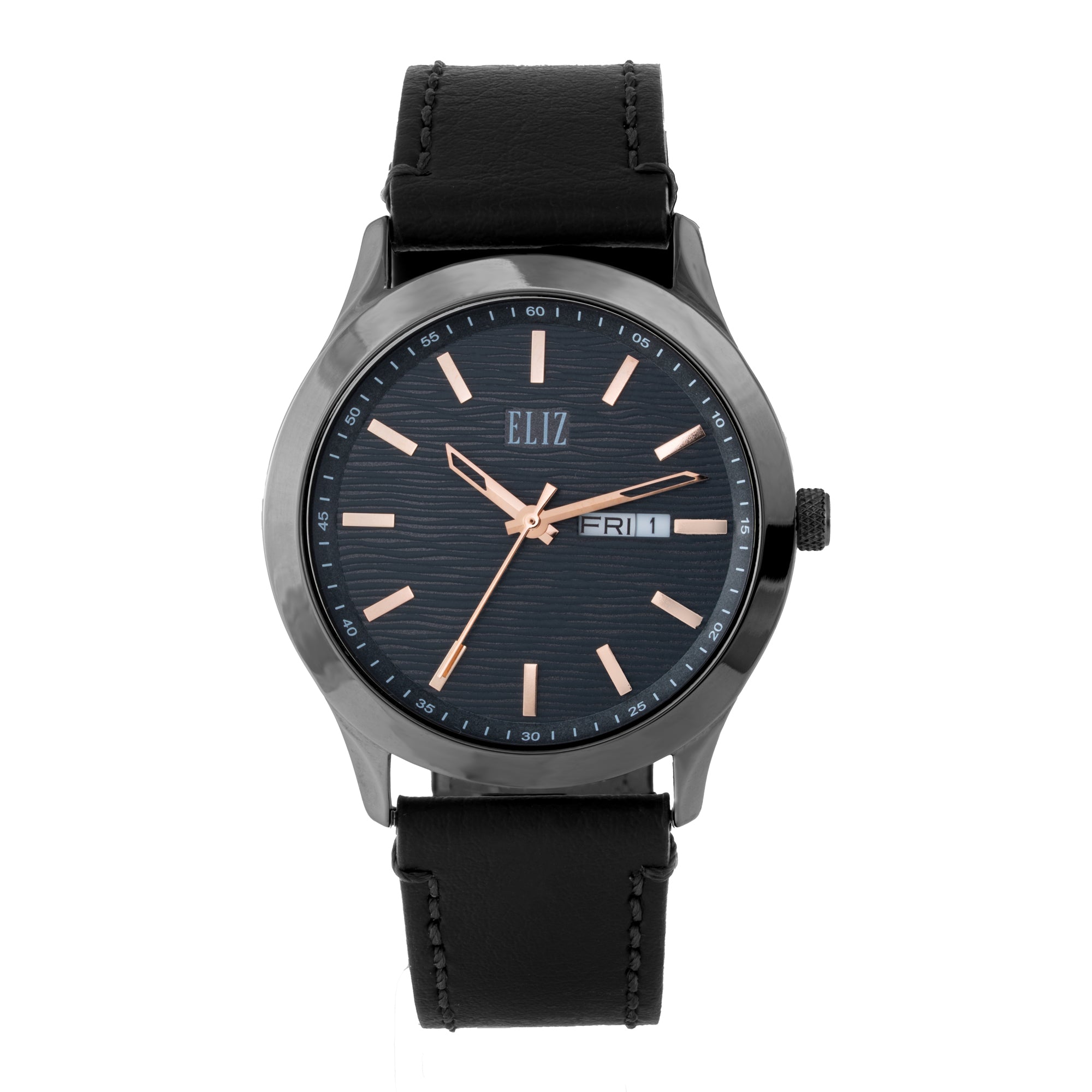ELIZ ES8923G1AGN – ELIZ Classique Men's Watch – 42mm PVD Gun Case – Grey Dial – Quartz Movement – Black Leather Strap