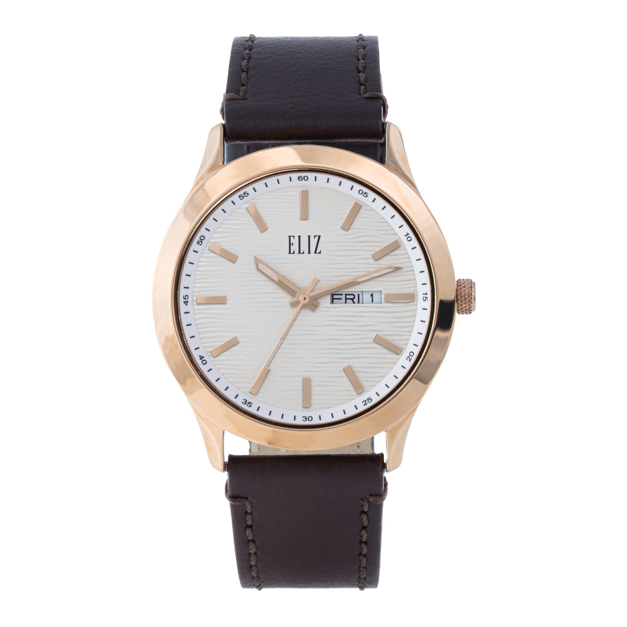 ELIZ ES8923G1RSO β ELIZ Classique Men's Watch β 42mm PVD Rose Gold Case β Silver Dial β Quartz Movement β Brown Leather Strap