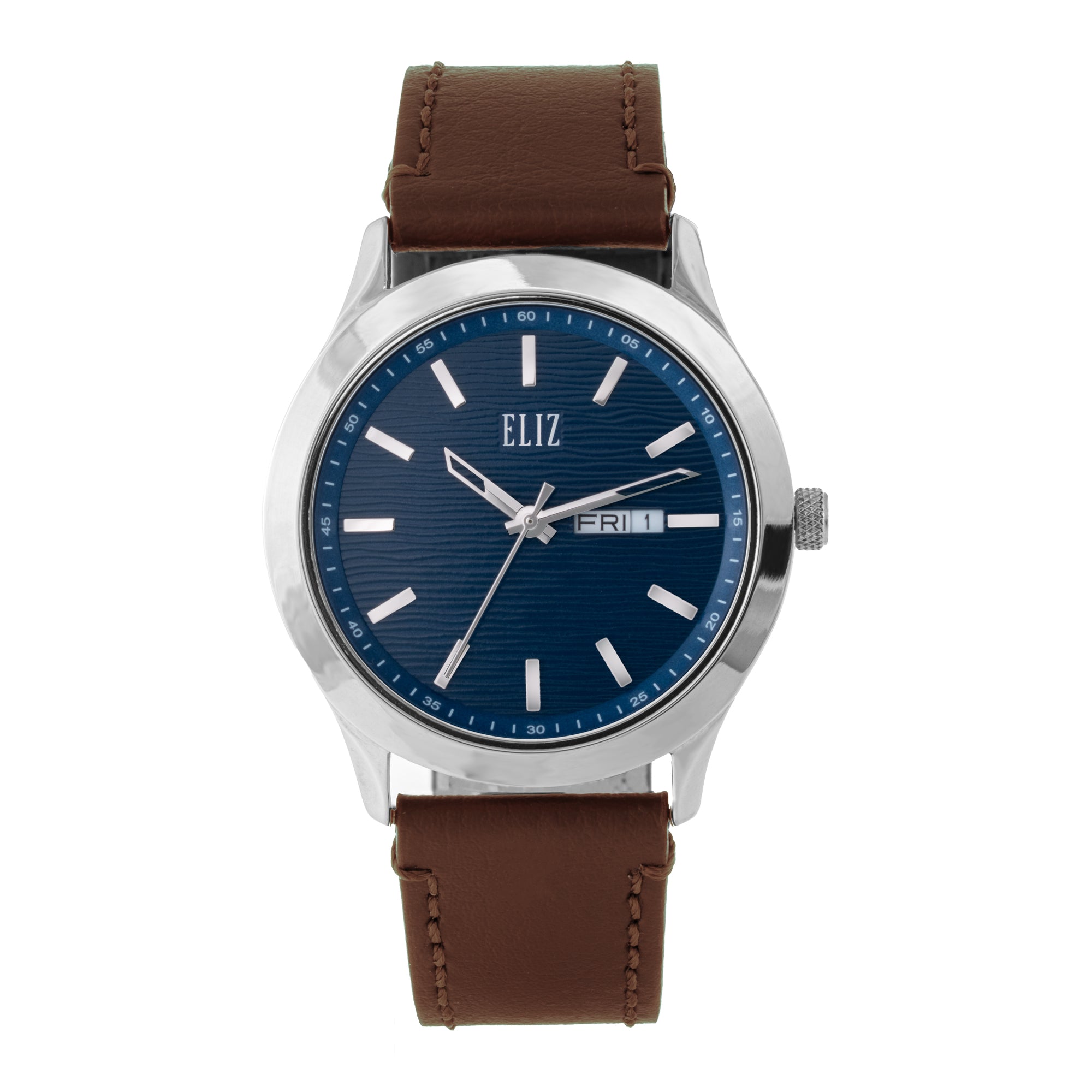 ELIZ ES8923G1SBO – ELIZ Classique Men's Watch – 42mm PVD Silver Case – Blue Dial – Quartz Movement – Brown Leather Strap