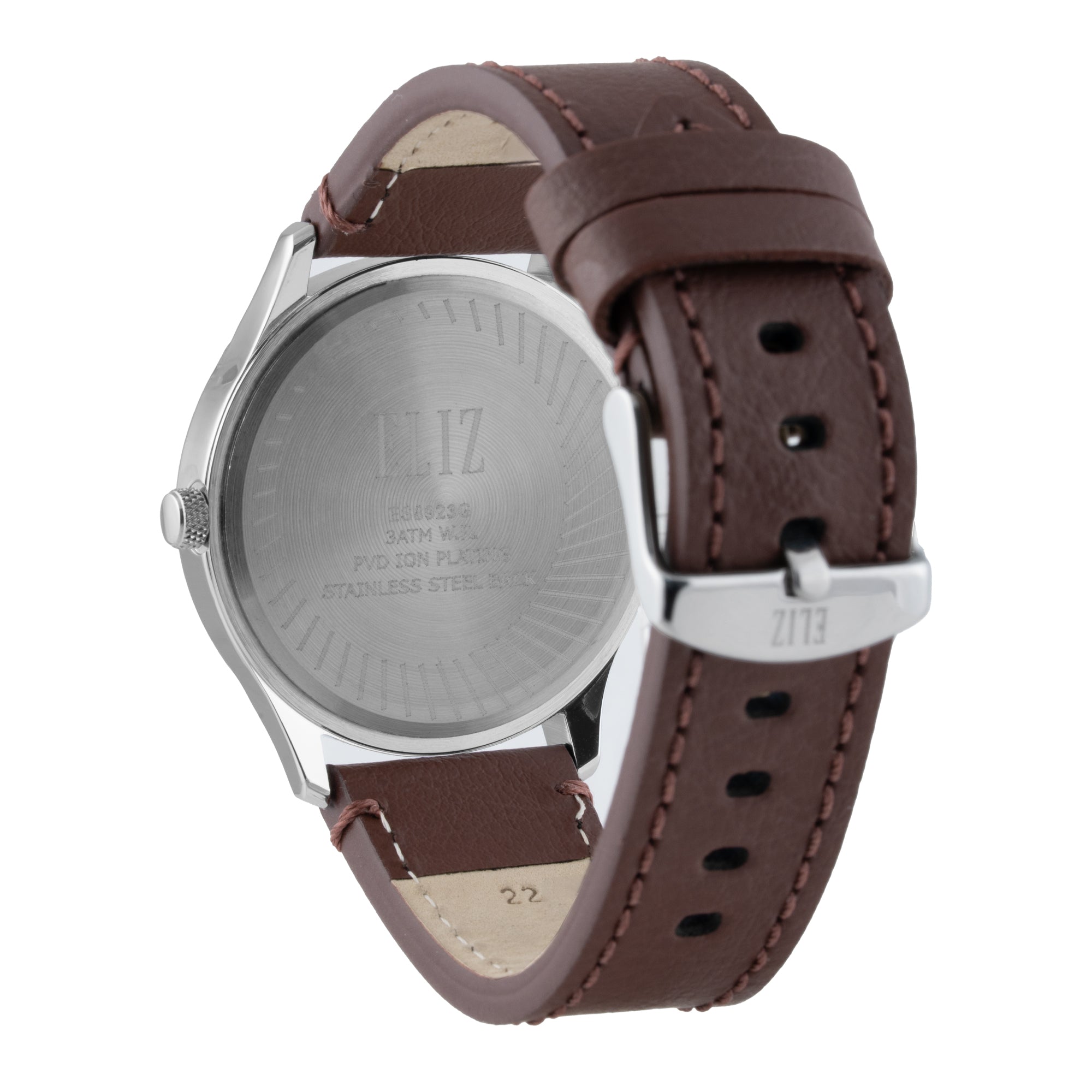 ELIZ ES8923G1SBO – ELIZ Classique Men's Watch – 42mm PVD Silver Case – Blue Dial – Quartz Movement – Brown Leather Strap