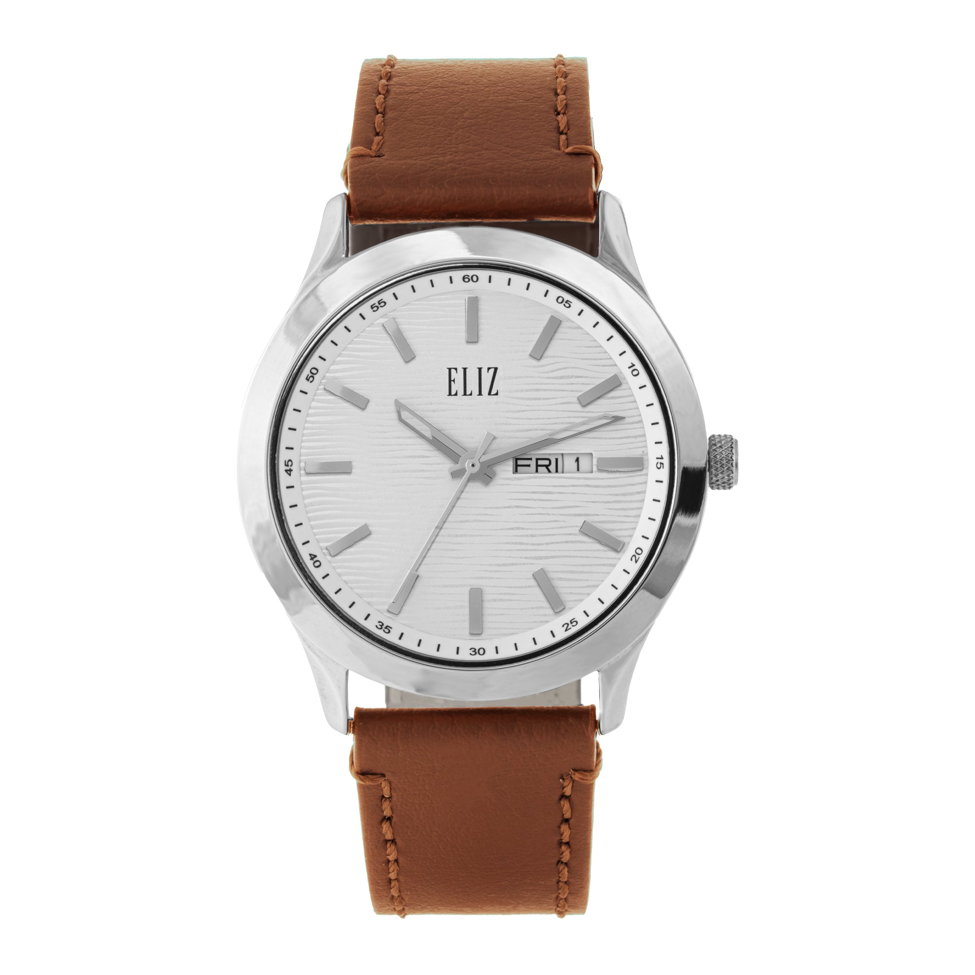 ELIZ ES8923G1SSD – ELIZ Classique Men's Watch – 42mm PVD Silver Case – Silver Dial – Quartz Movement – Tan Brown Leather Strap