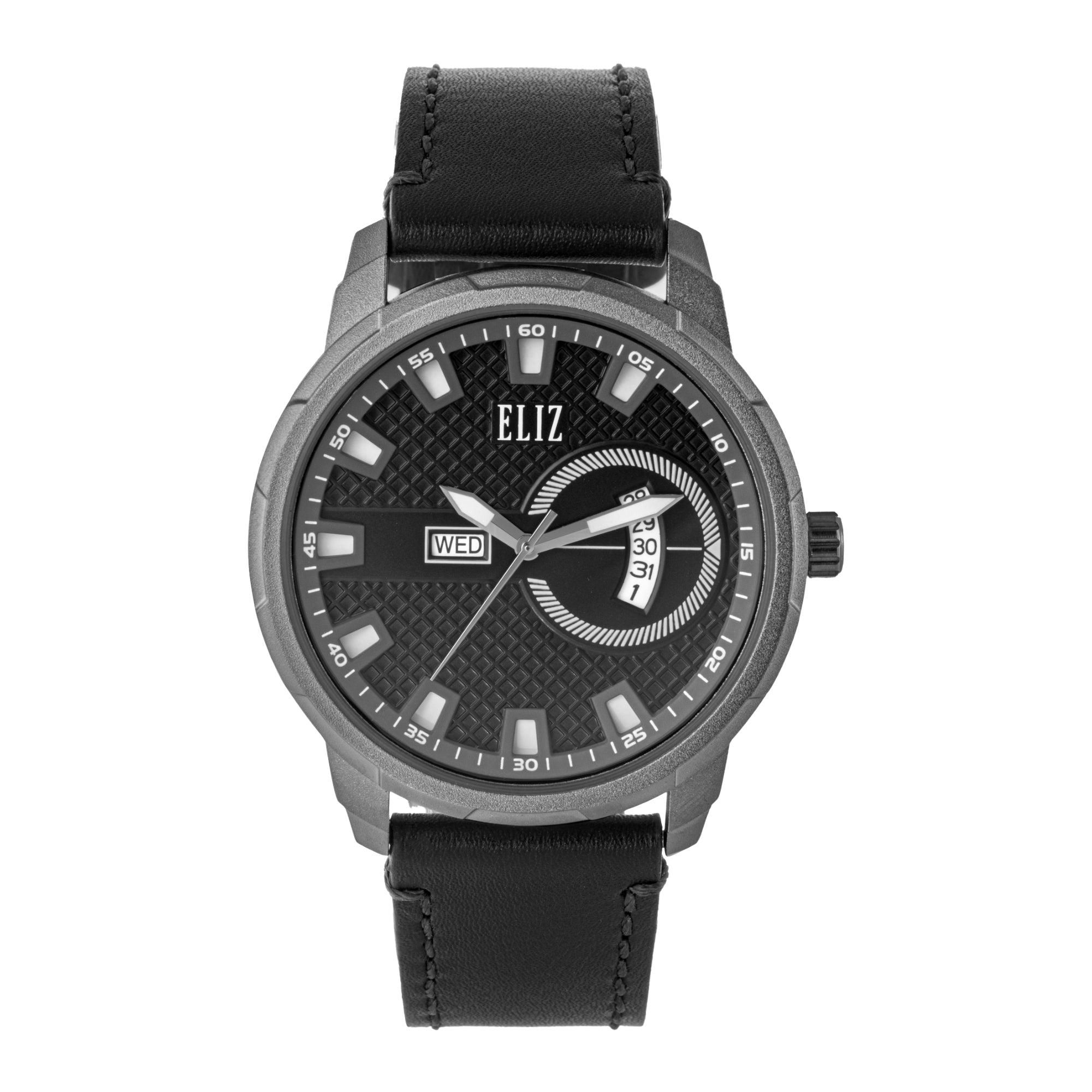ELIZ ES8924G1ANN β ELIZ Classique Men's Watch β 44mm Stainless Steel Case β Black Dial β Day-Date Quartz Movement β Black Leather Strap