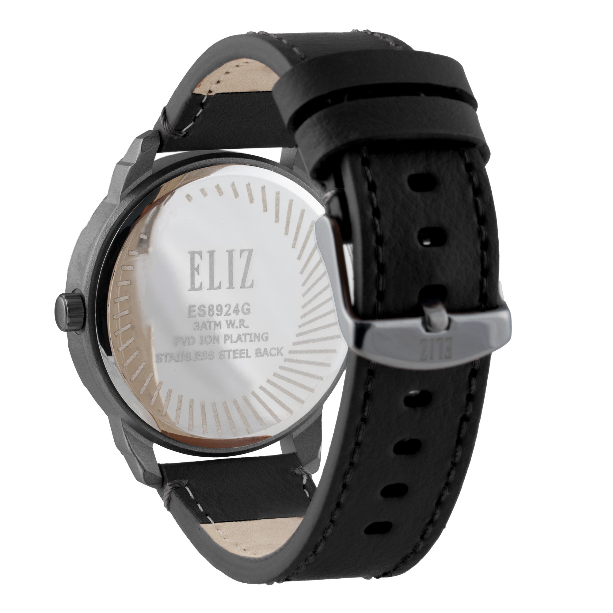 ELIZ ES8924G1ANN – ELIZ Classique Men's Watch – 44mm Stainless Steel Case – Black Dial – Day-Date Quartz Movement – Black Leather Strap