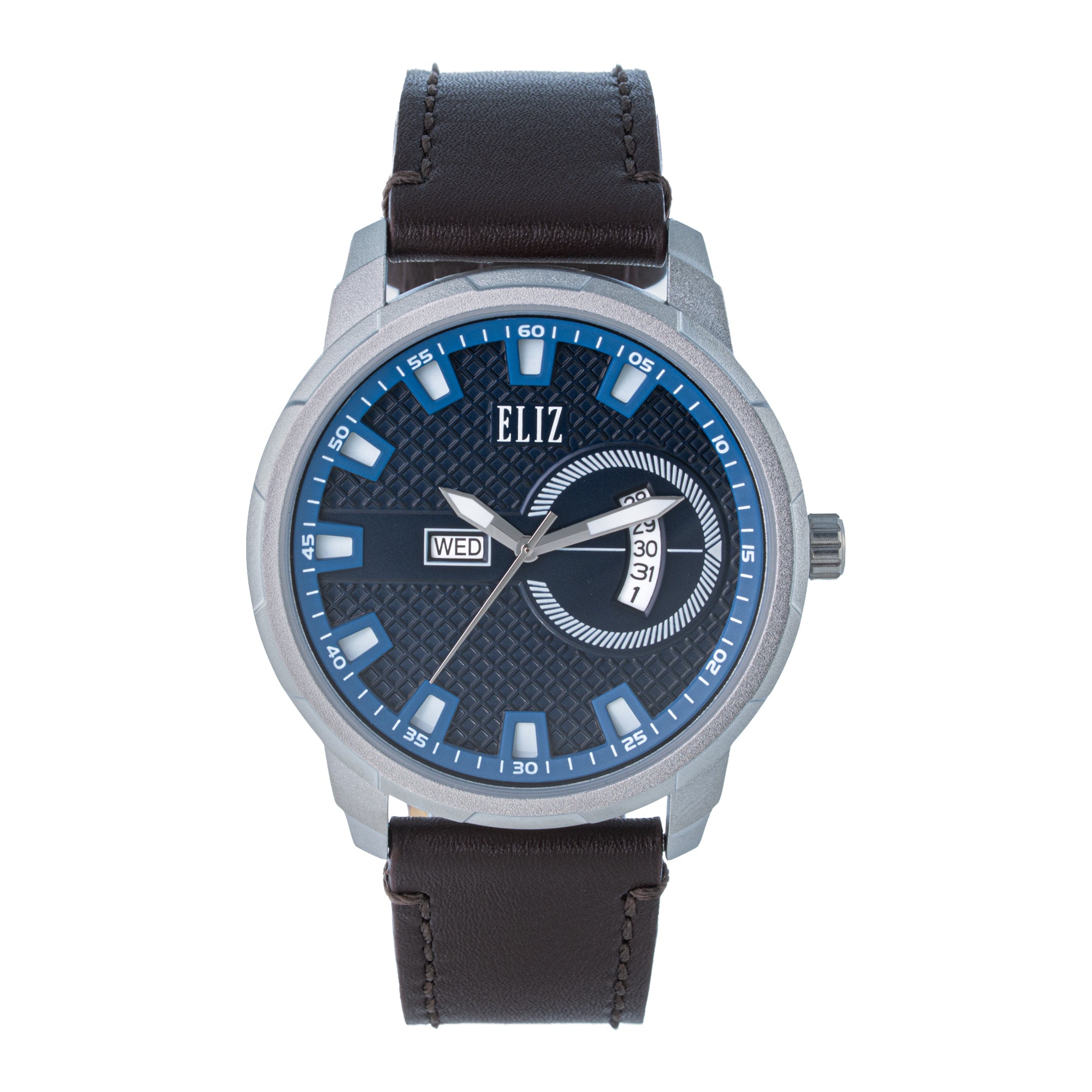 ELIZ ES8924G1SBO β ELIZ Classique Men's Watch β 42mm PVD Silver Case β Blue Dial β Quartz Movement β Brown Leather Strap