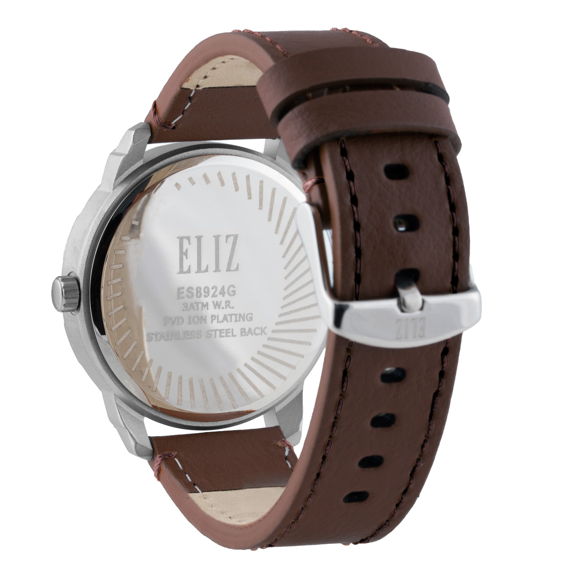 ELIZ ES8924G1SBO – ELIZ Classique Men's Watch – 42mm PVD Silver Case – Blue Dial – Quartz Movement – Brown Leather Strap