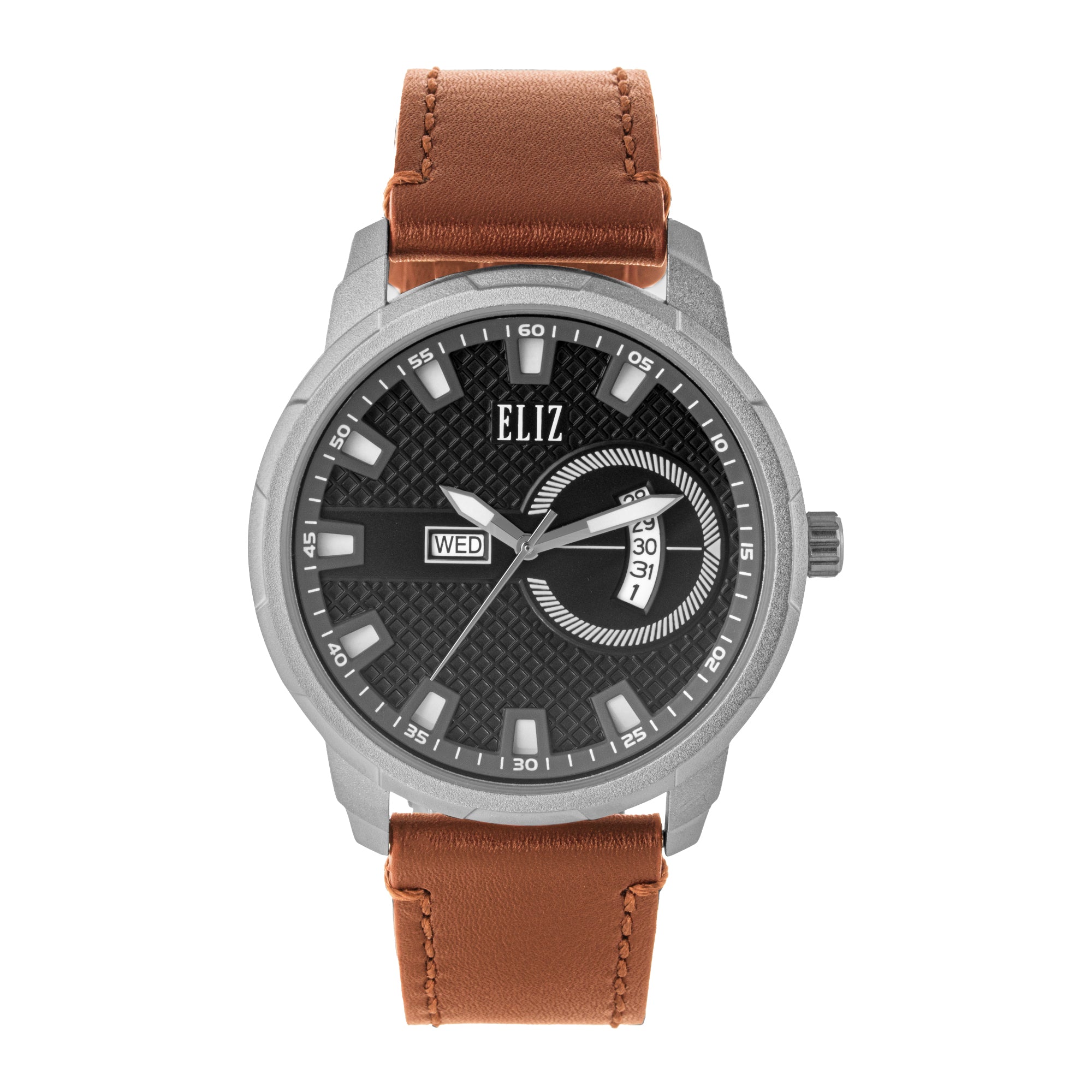 ELIZ ES8924G1SND – ELIZ Classique Men's Watch – 42mm PVD Silver Case – Black Dial – Quartz Movement – Tan Brown Leather Strap