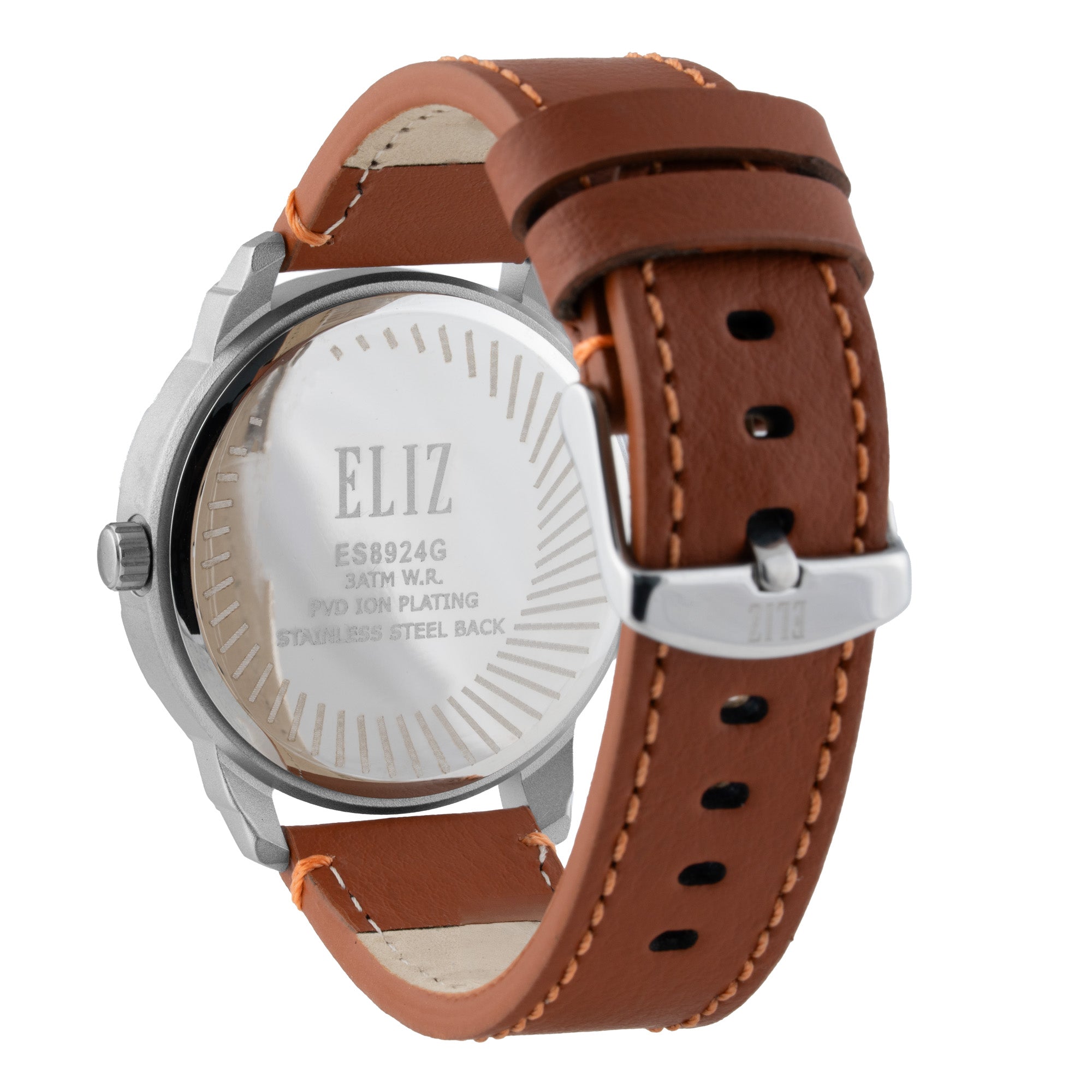 ELIZ ES8924G1SND – ELIZ Classique Men's Watch – 42mm PVD Silver Case – Black Dial – Quartz Movement – Tan Brown Leather Strap