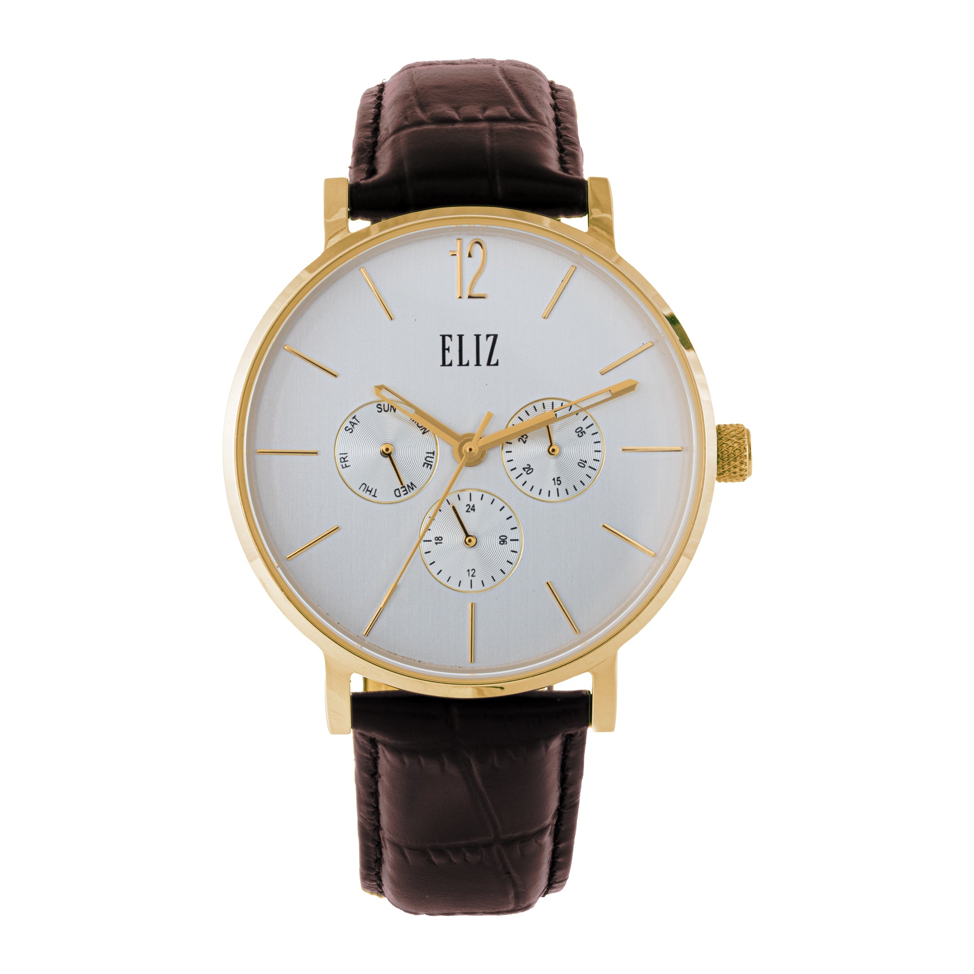 ELIZ ES8926G1GSO – ELIZ Classique Men's Watch – 40mm Stainless Steel Case – Silver Dial – Multifunction Quartz Movement – Brown Leather Strap