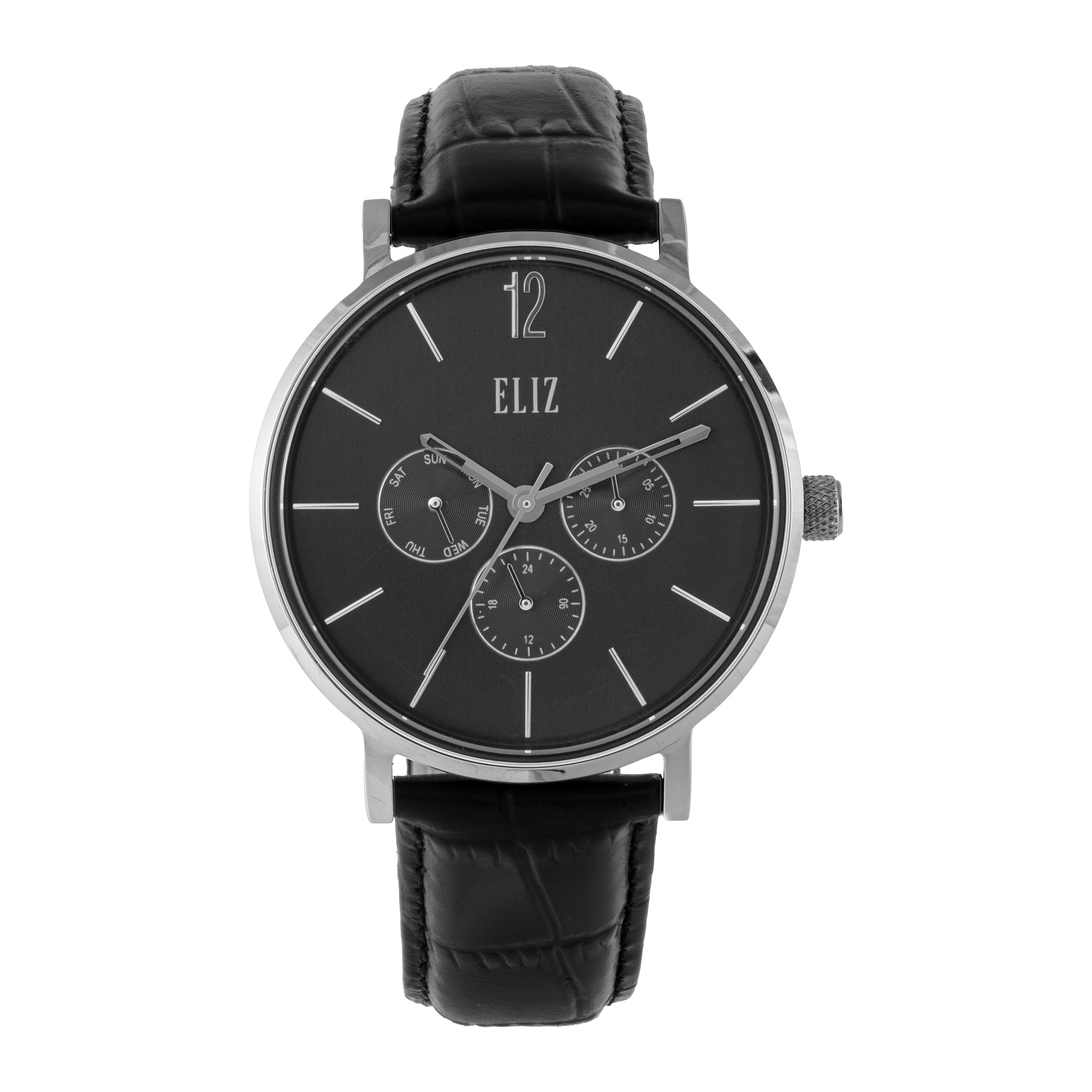 ELIZ ES8926G1SGN – ELIZ Classique Men's Watch – 40mm PVD Silver Case – Grey Dial – Multifunction Quartz Movement – Black Leather Strap