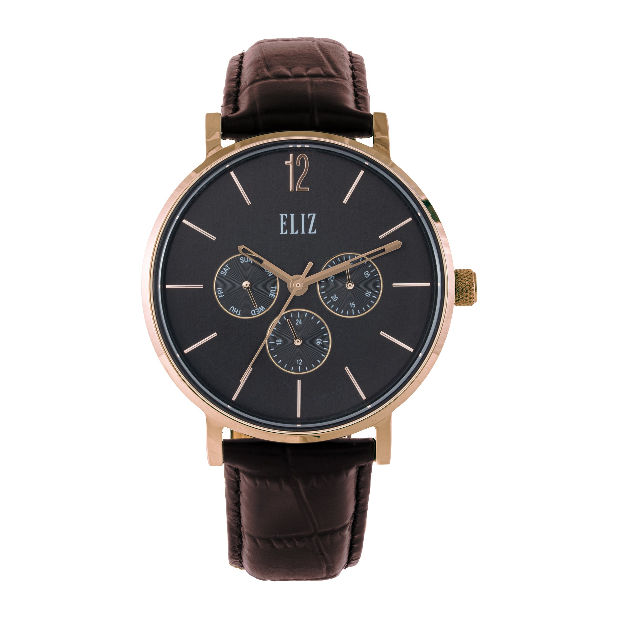 ELIZ ES8926G1RNO – ELIZ Classique Men's Watch – 40mm Stainless Steel Case – Black Dial – Multifunction Quartz Movement – Brown Leather Strap