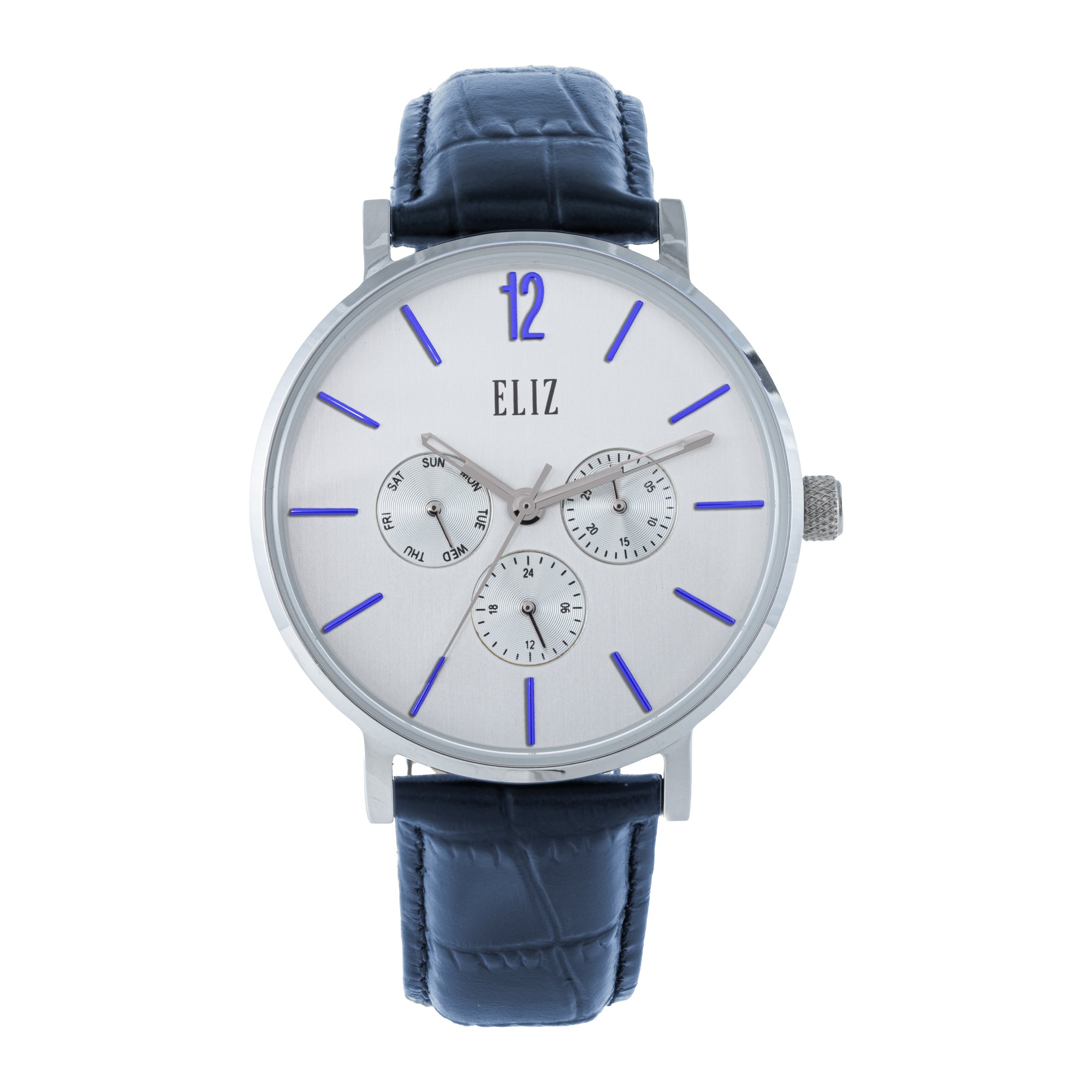 ELIZ ES8926G1SSB – ELIZ Classique Men's Watch – 40mm PVD Silver Case – Silver Dial – Multifunction Quartz Movement – Blue Leather Strap