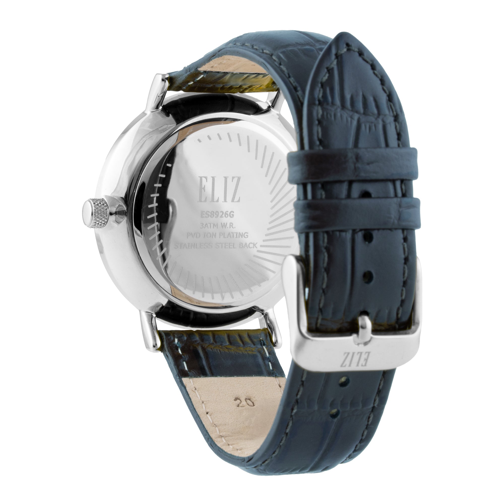 ELIZ ES8926G1SSB – ELIZ Classique Men's Watch – 40mm PVD Silver Case – Silver Dial – Multifunction Quartz Movement – Blue Leather Strap