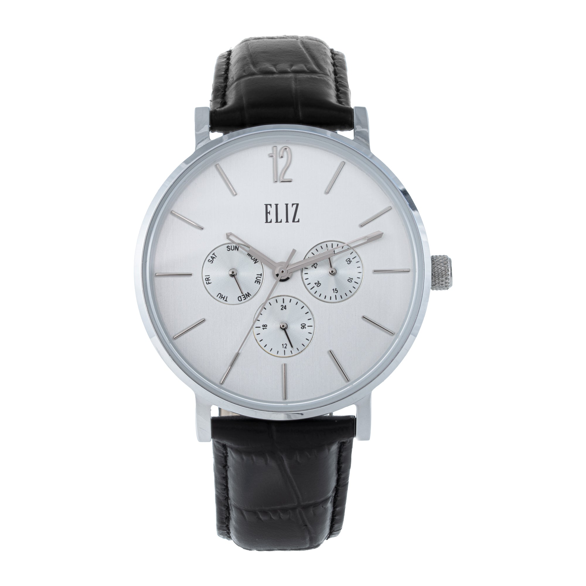 ELIZ ES8926G1SSN – ELIZ Classique Men's Watch – 40mm PVD Silver Case – Silver Dial – Multifunction Quartz Movement – Black Leather Strap