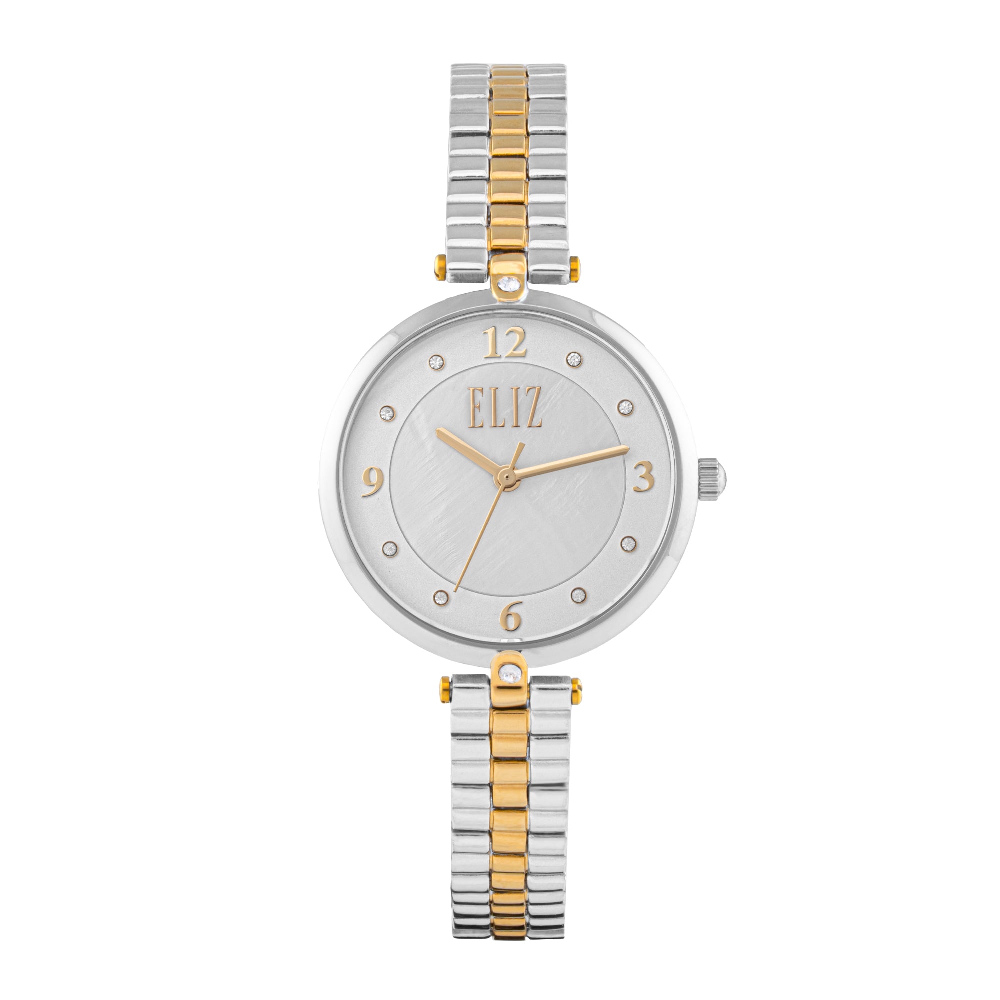 ELIZ ES8928L2THT β Splendeur Collection β Round β 30mm Stainless Steel Case β TT PVD Gold Plating β Hardened Mineral Glass β MOP White Dial β Japan 3-Hands Quartz Movement β 10mm TT PVD Gold Stainless Steel Band β Jewelry Buckle β 3ATM Water Resistant β Women's Watch β 2 Years Warranty 