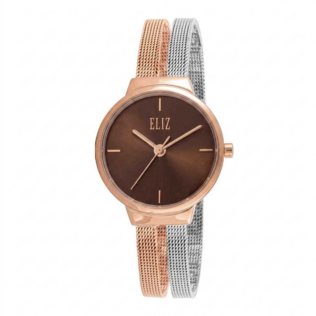 ELIZ ES8989L2UOU SS & Mesh Strap 3-Hands Women's Watch