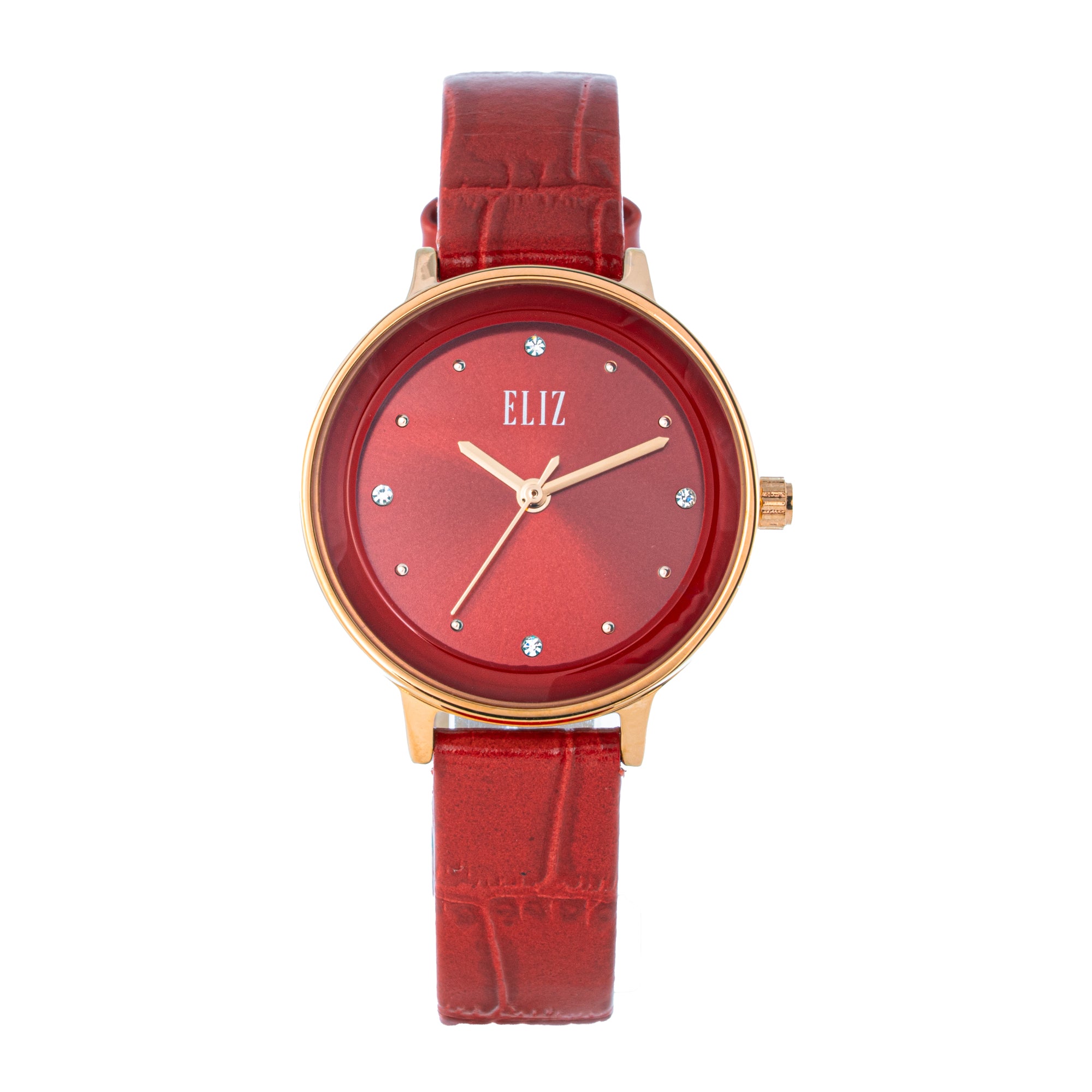 ELIZ ES8907L1RRR – Iris Collection women's watch featuring a 30mm case, PVD Rose Gold plating, Red Dial, and Red Leather Strap. Stylish design with quartz movement and 3ATM water resistance.