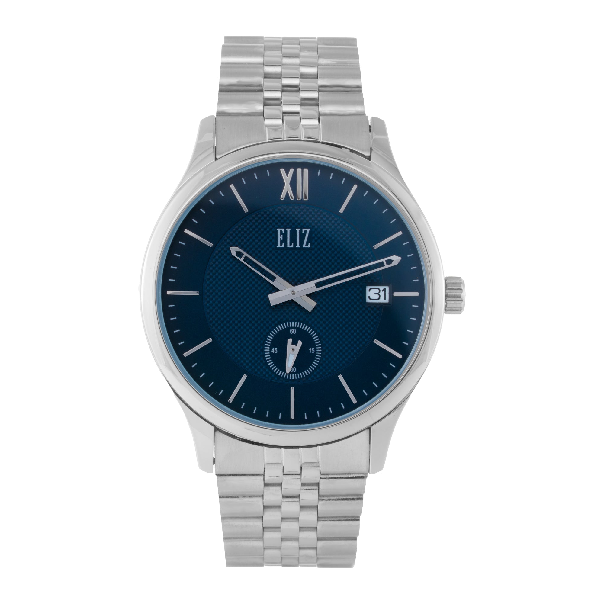 ELIZ ES8920G2SBS β Classique Collection women's watch featuring a 43mm case, PVD Silver plating, Blue Dial, and Stainless Steel Band. Stylish design with quartz movement and 3ATM water resistance.