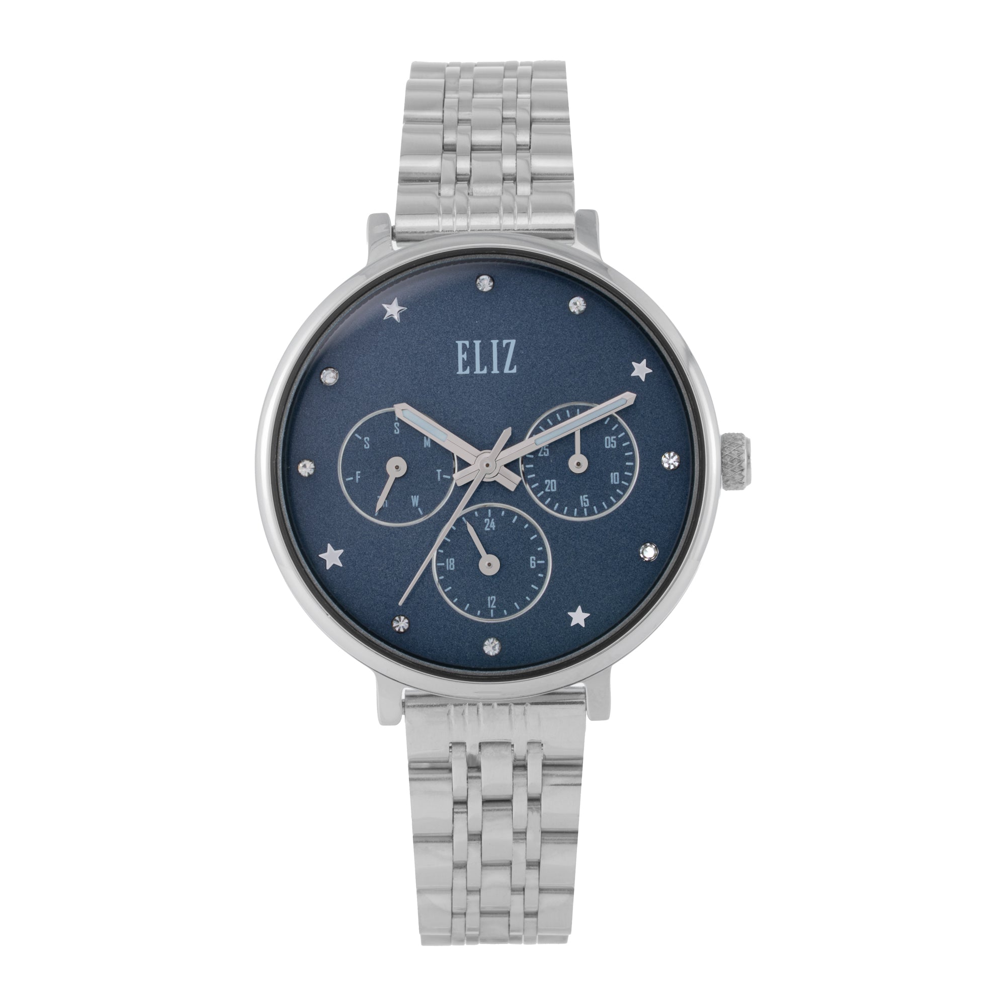 ELIZ ES8915L2SBS β Iris Collection women's watch featuring a 34mm case, PVD Silver plating, Blue Dial, and Stainless Steel Band. Stylish design with quartz movement and 3ATM water resistance.