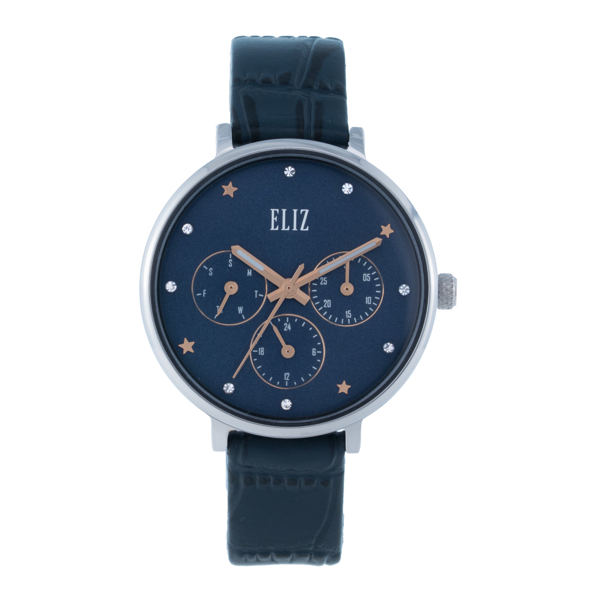 ELIZ ES8913L1SBB – Iris Collection women's watch featuring a 35.5mm case, PVD Silver plating, Blue Dial, and Blue Leather Strap. Stylish design with quartz movement and 3ATM water resistance.