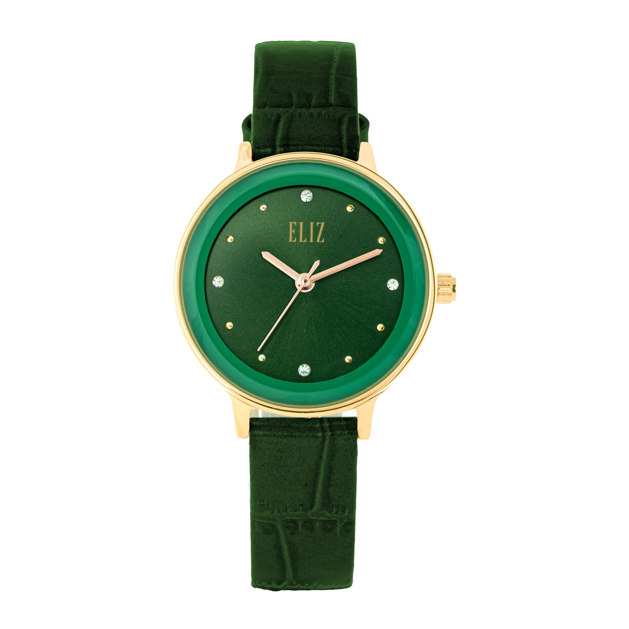 ELIZ ES8907L1GEE – Iris Collection women's watch featuring a 30mm case, PVD Gold plating, Green Dial, and Green Leather Strap. Stylish design with quartz movement and 3ATM water resistance.