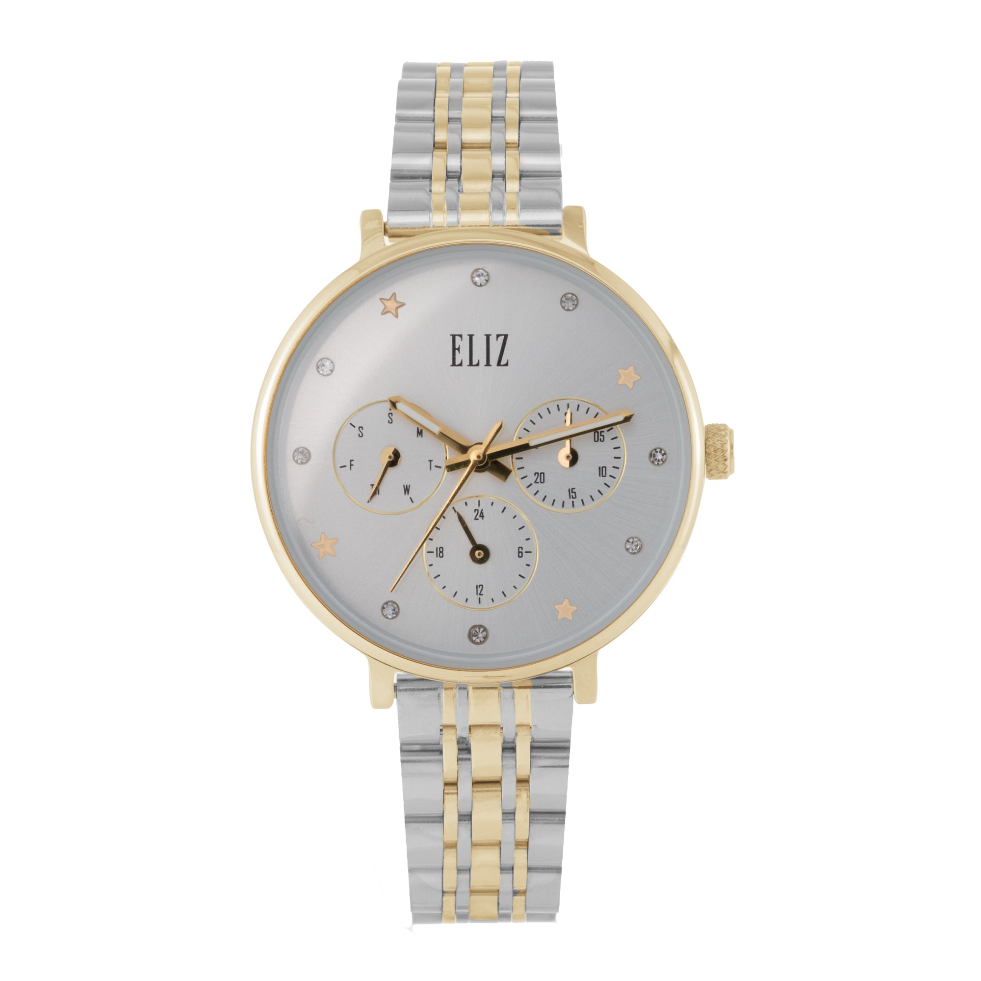 ELIZ ES8915L2TST β Iris Collection women's watch featuring a 34mm case, TT PVD Gold plating, Silver Dial, and TT Gold Stainless Steel Band. Stylish design with quartz movement and 3ATM water resistance.