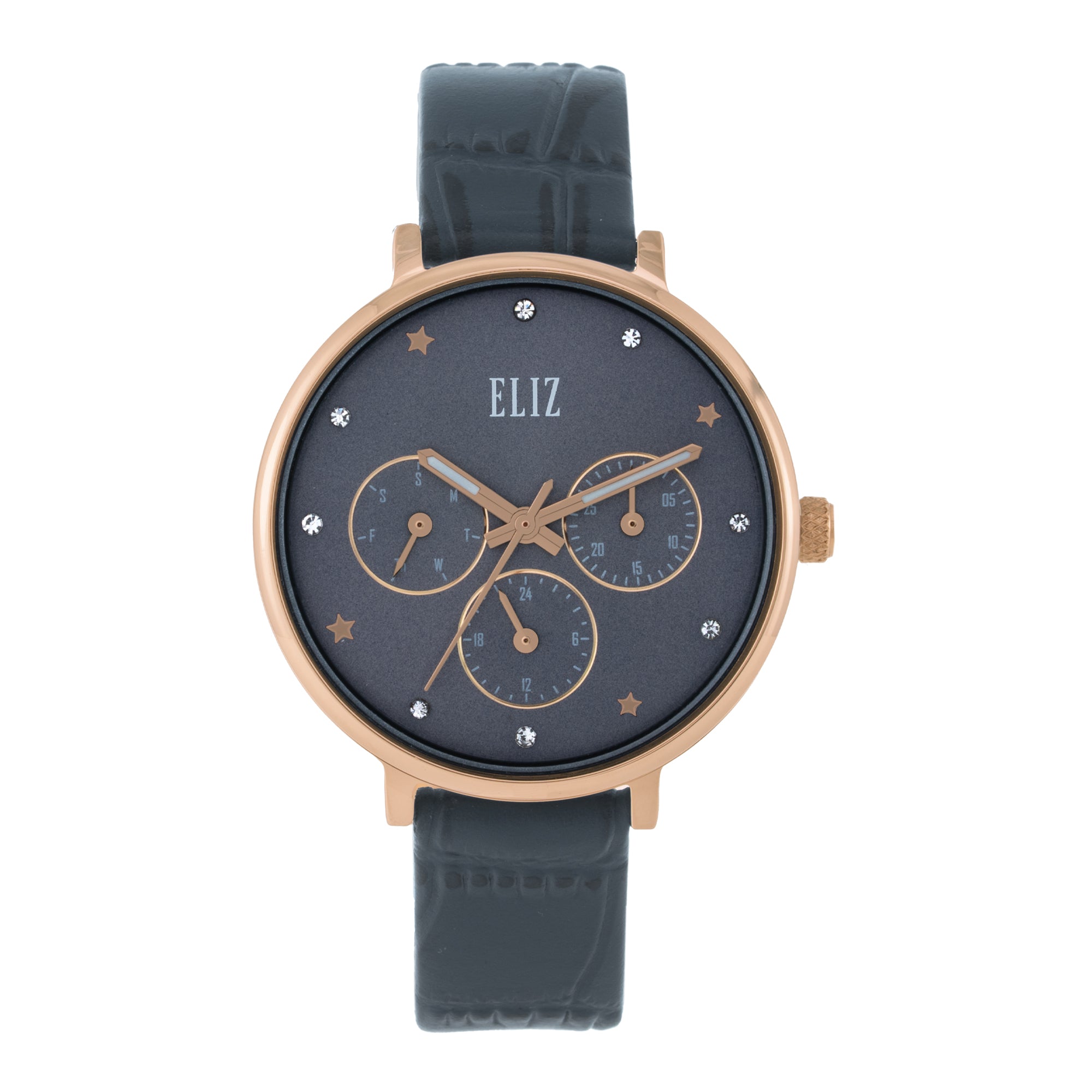 ELIZ ES8913L1RGG – Iris Collection women's watch featuring a 35.5mm case, PVD Rose Gold plating, Grey Dial, and Grey Leather Strap. Stylish design with quartz movement and 3ATM water resistance.