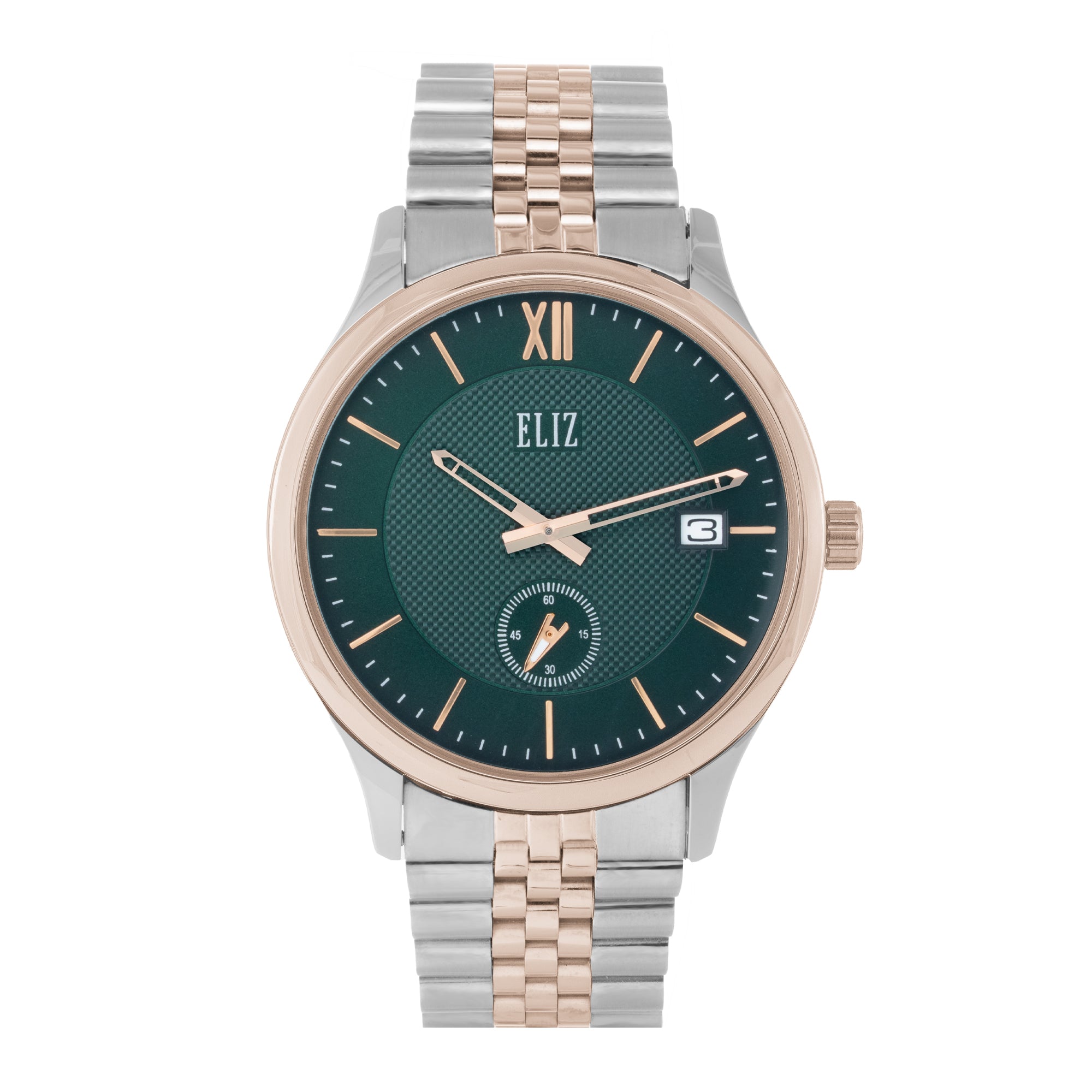 ELIZ ES8920G2UEU β Classique Collection women's watch featuring a 43mm case, TT PVD Rose Gold plating, Green Dial, and TT Rose Gold Band. Stylish design with quartz movement and 3ATM water resistance.