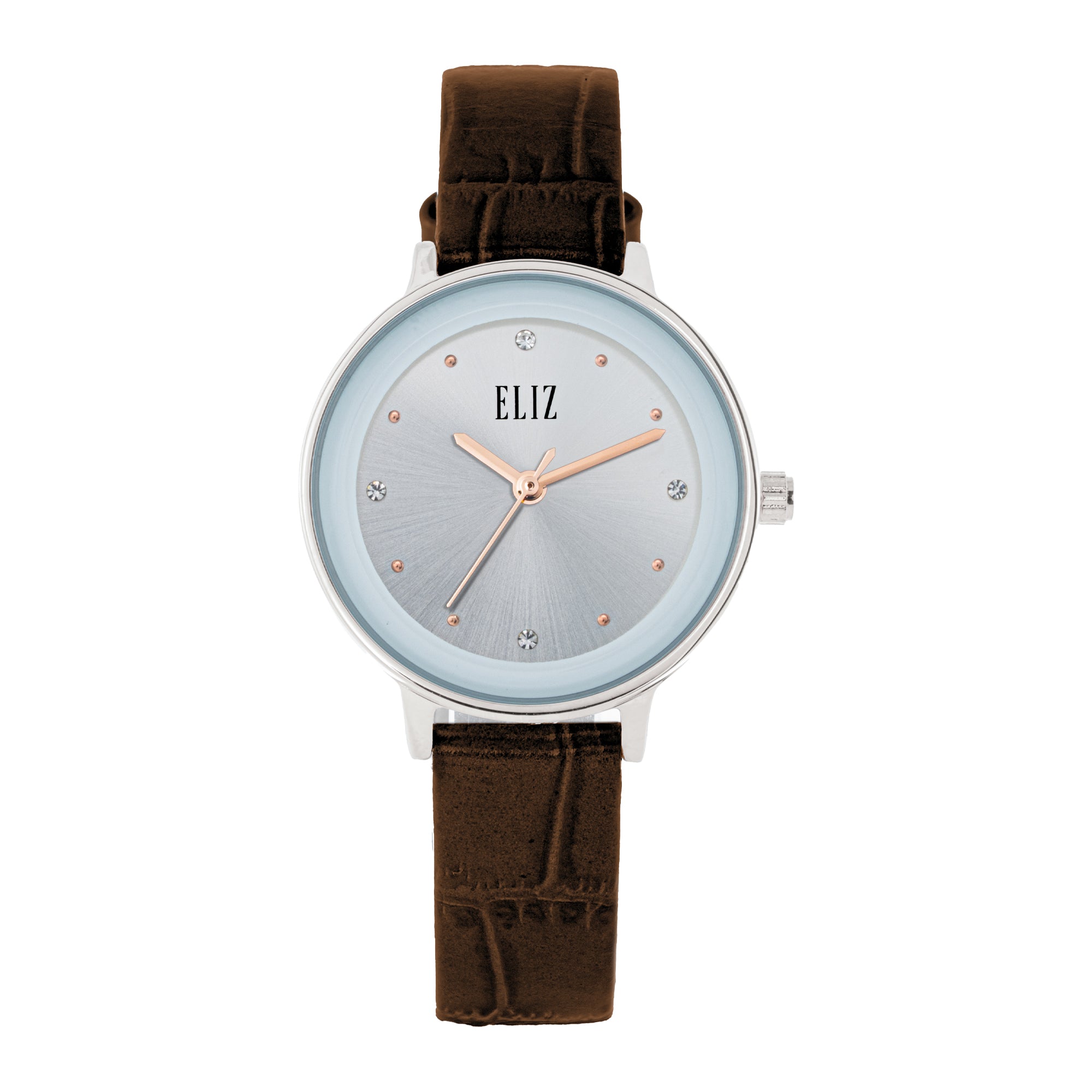 ELIZ ES8907L1SSO – Iris Collection women's watch featuring a 30mm case, PVD Silver plating, Silver Dial, and Brown Leather Strap. Stylish design with quartz movement and 3ATM water resistance.