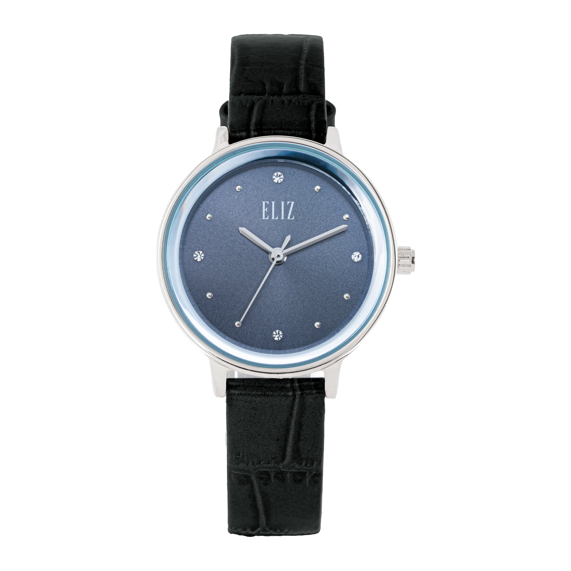 ELIZ ES8907L1SGN – Iris Collection women's watch featuring a 30mm case, PVD Silver plating, Grey Dial, and Black Leather Strap. Elegant 3-hands quartz movement with 3ATM water resistance and classic minimalist design.