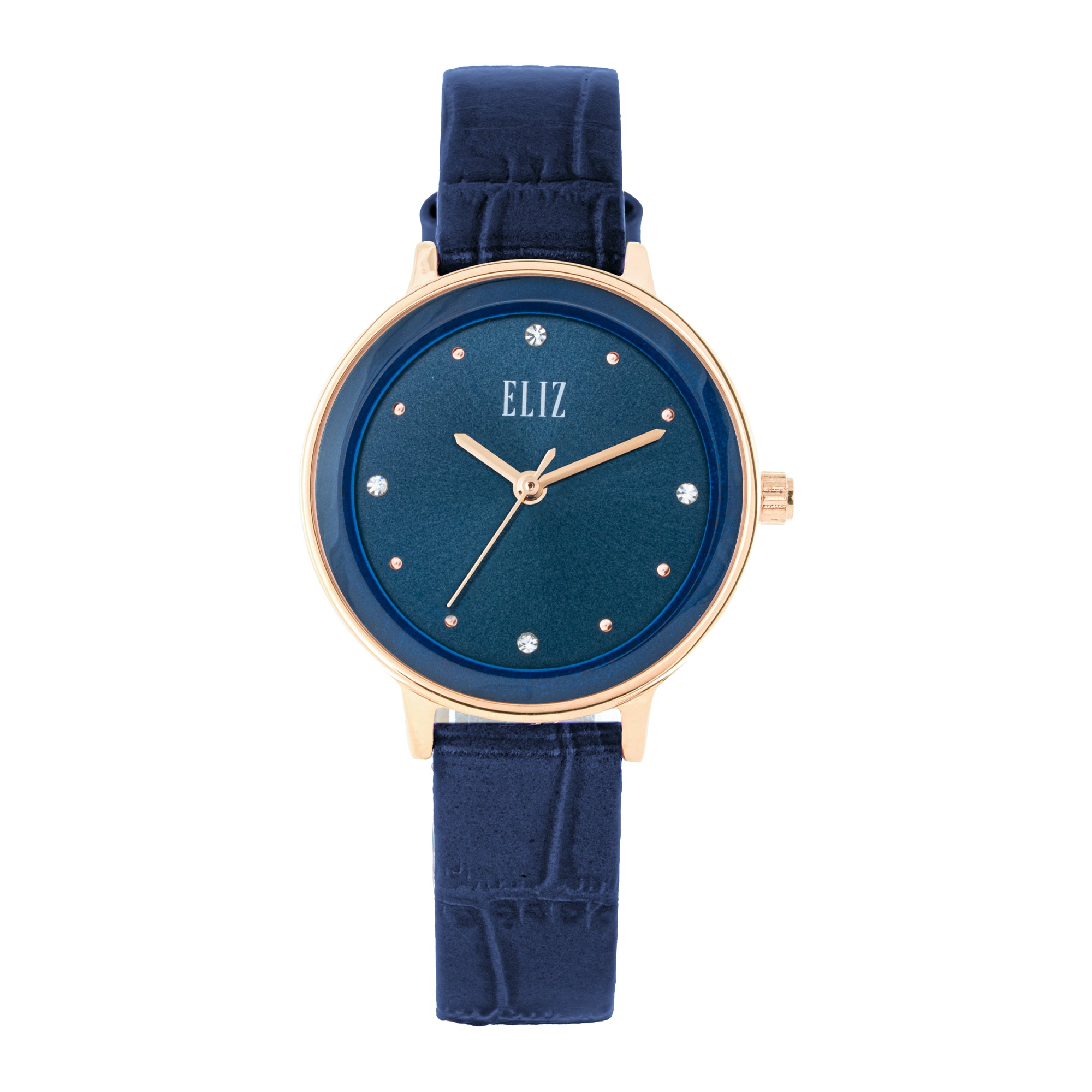 ELIZ ES8907L1RBB – Iris Collection women's watch featuring a 30mm case, PVD Rose Gold plating, Blue Dial, and Blue Leather Strap. Stylish design with quartz movement and 3ATM water resistance.