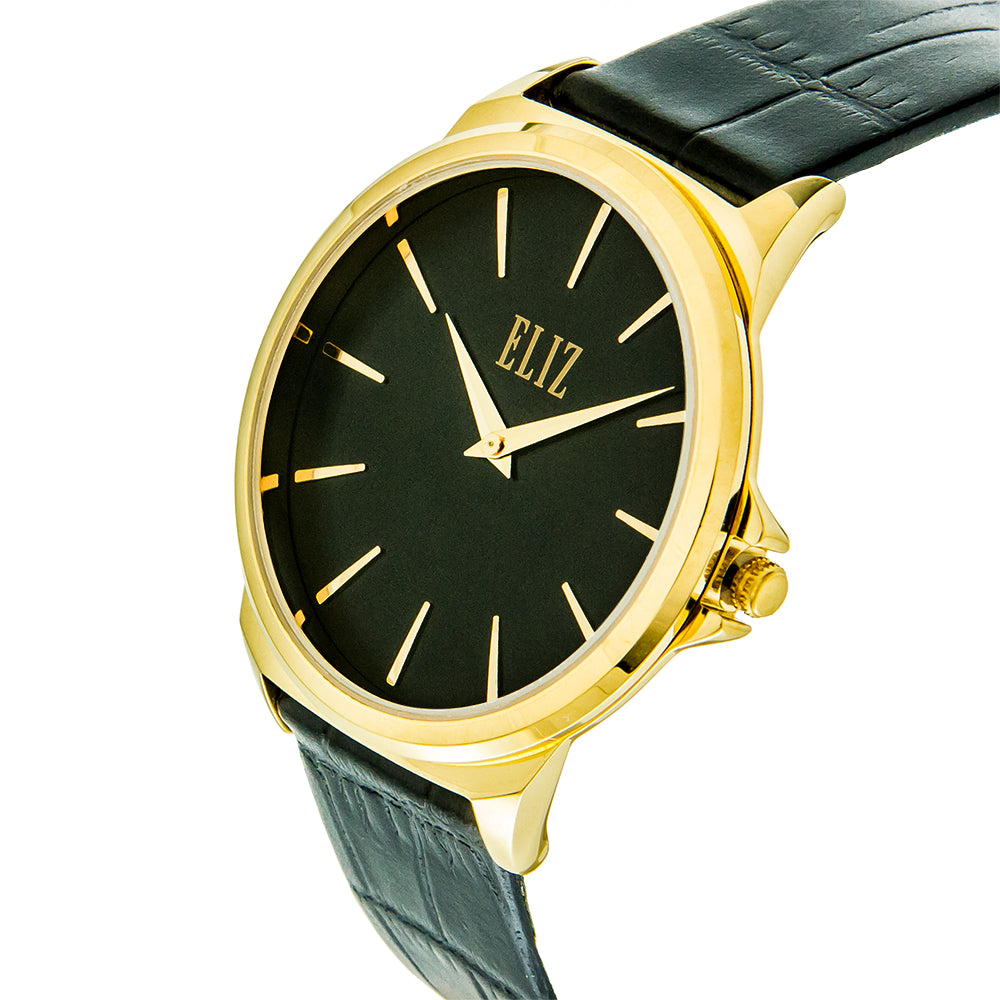 ELIZ ES8717G1GNN Gold Case Black Leather Strap Men's Watch