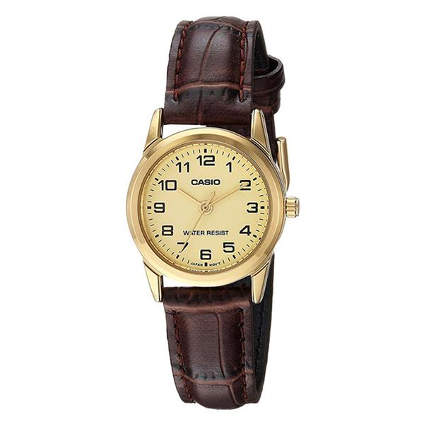 CASIO Womens Champagne Dial Leather Strap Analog Watch LTP-V001GL-9B