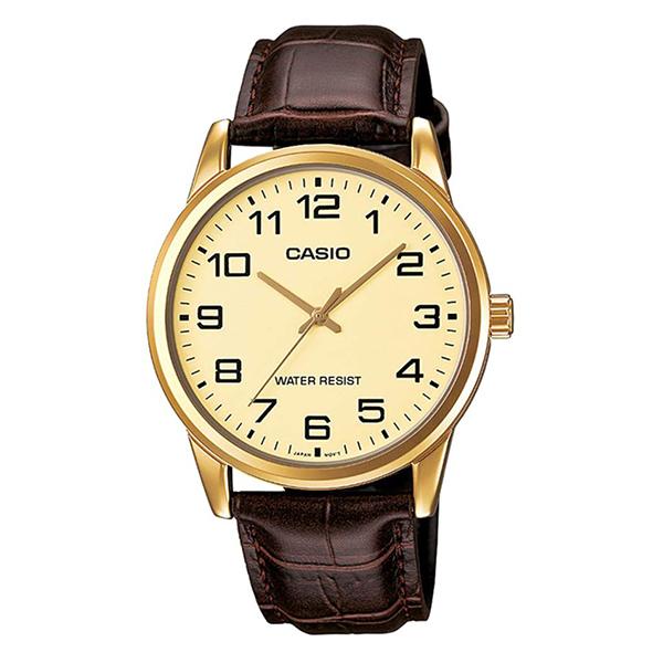 CASIO Beige Dial Leather Strap Analog Watch - MTP-V001GL-9B
