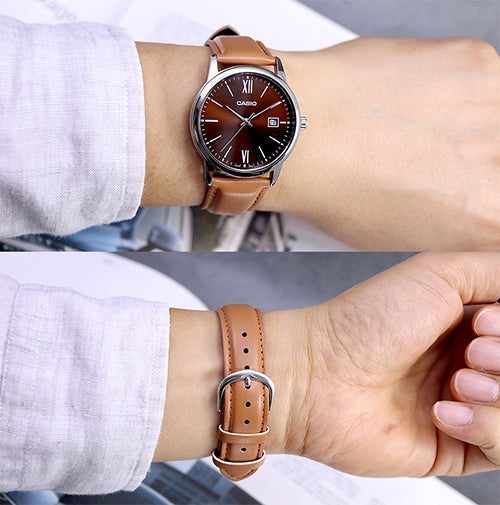 Casio MTP-V002L-5B3UDF Silver Plated Case Brown Leather Men's Watch