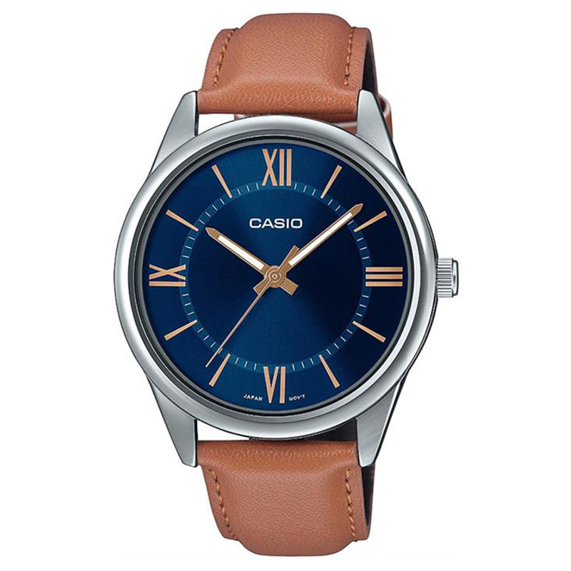 Casio MTP-V005L-2B5UDF Silver Plated Case Brown Leather Men's Watch