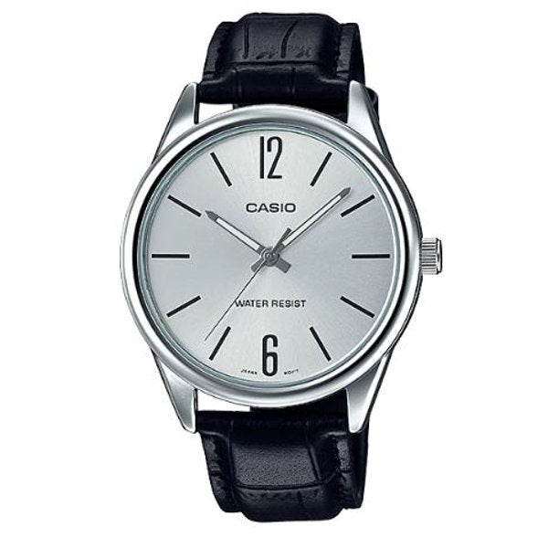 CASIO MTP-V005L-7BUDF Silver Plated Case Black Leather Men's Watch