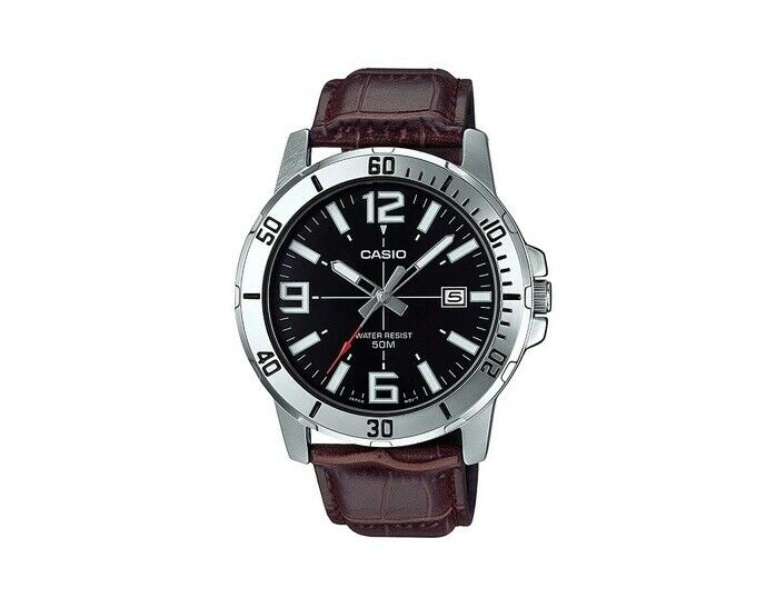 Casio MTP-VD01L-1BVUDF Silver Case Brown Leather Band Men's Watch