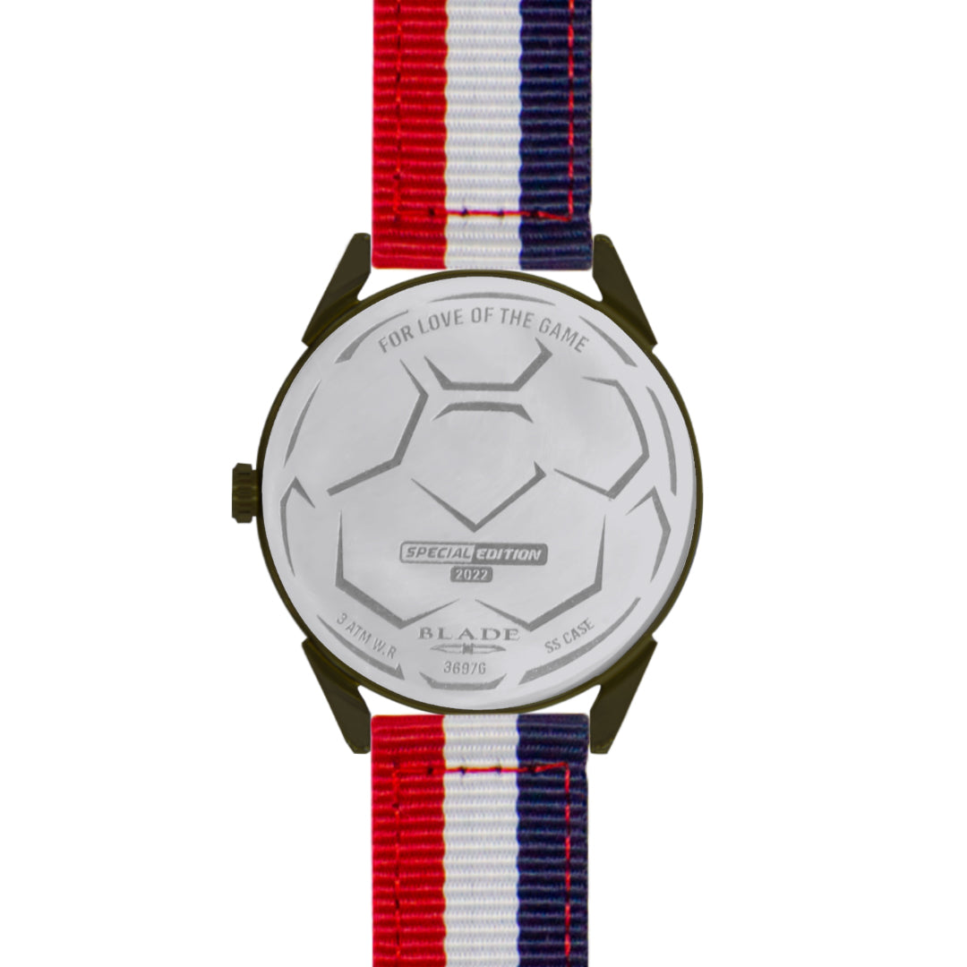 BLADE 3697GGW6E Navy Blue-White-Red Retro-Fútbol Special Edition NATO Strap Unisex Watch - Back 02