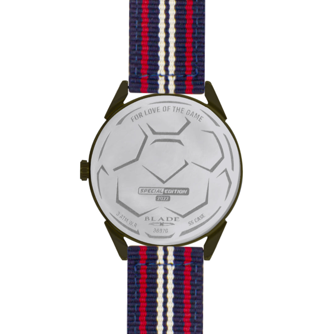 BLADE 3697GSW6L Navy Blue-Red-White Retro-Fútbol Special Edition NATO Strap Unisex Watch - Back 02
