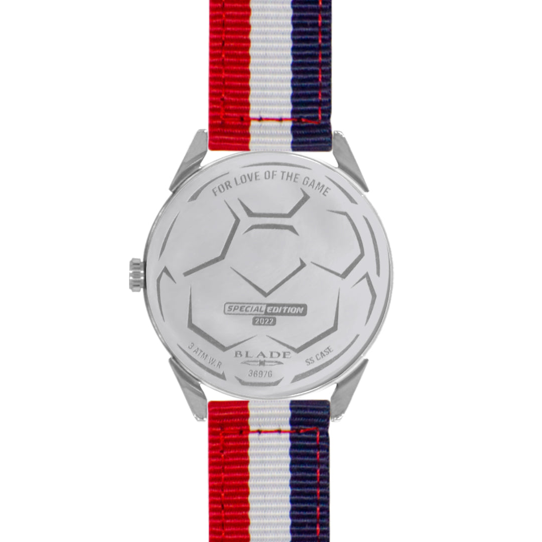 BLADE 3697GGW6E Navy Blue-White-Red Retro-Fútbol Special Edition NATO Strap Unisex Watch - Back 04